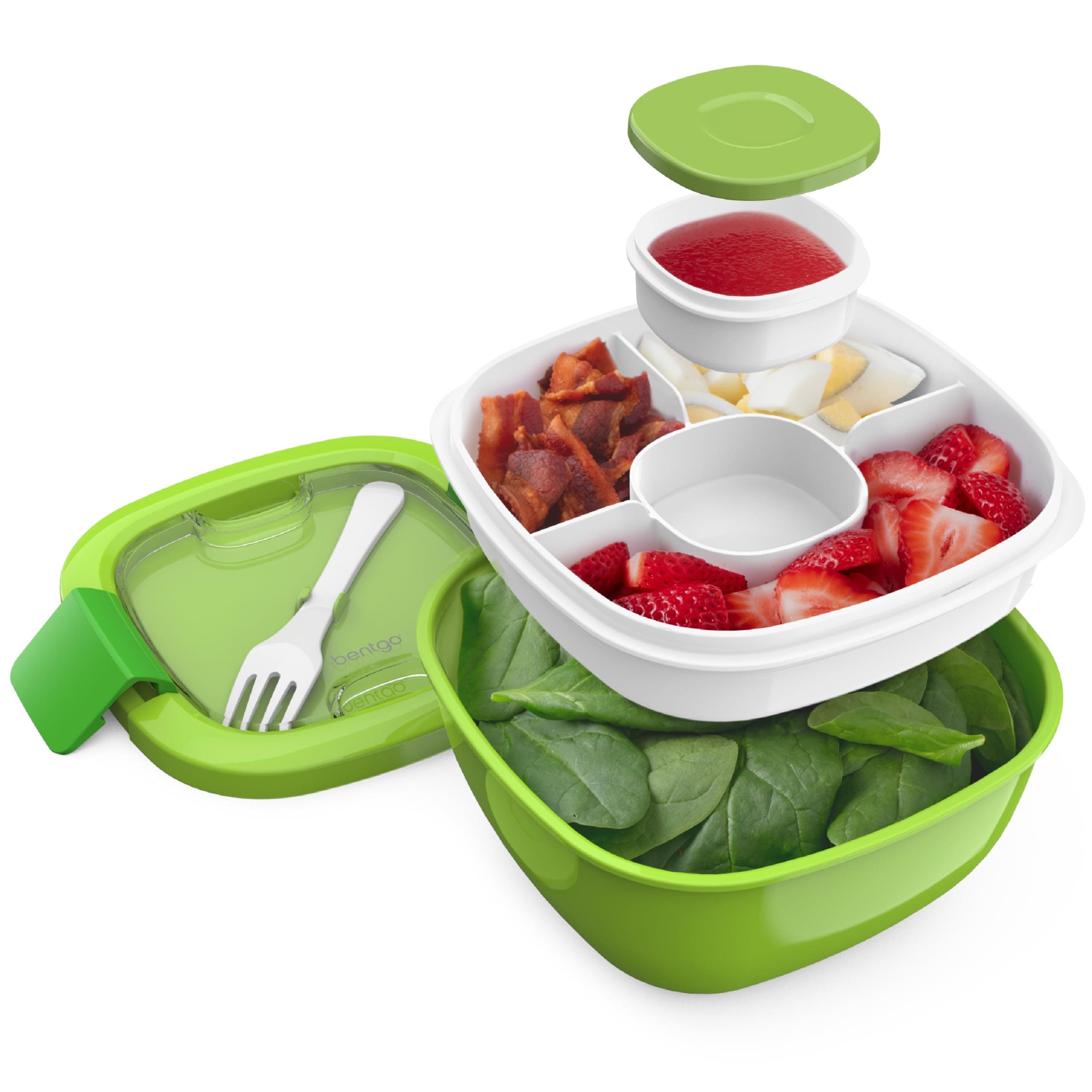 Bentgo® Salad - Stackable Lunch Container with Large 54-oz Salad Bowl, 4-Compartment Bento-Style Tray for Toppings, 3-oz Sauce Container for Dressings, Built-in Reusable Fork & BPA-Free (Green)