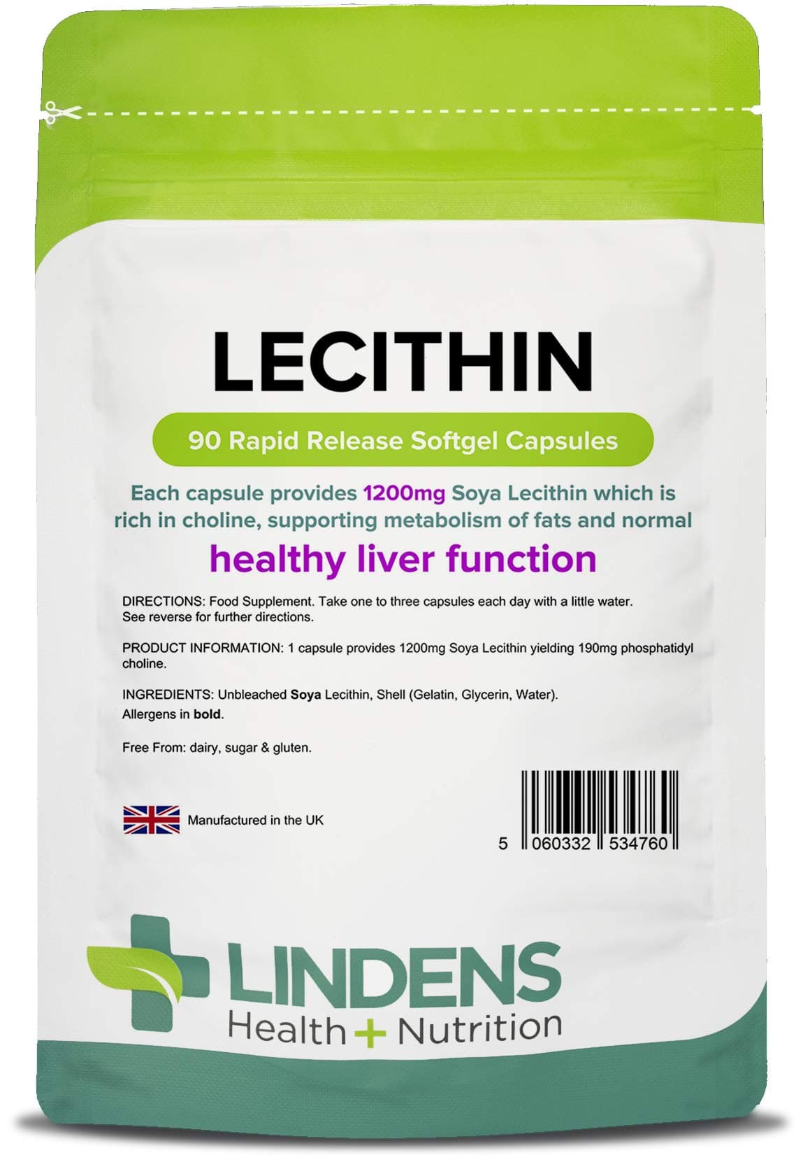 Lindens Lecithin 1200mg Capsules | 90 Pack | Rich Source of Choline contributes to Normal Liver Function
