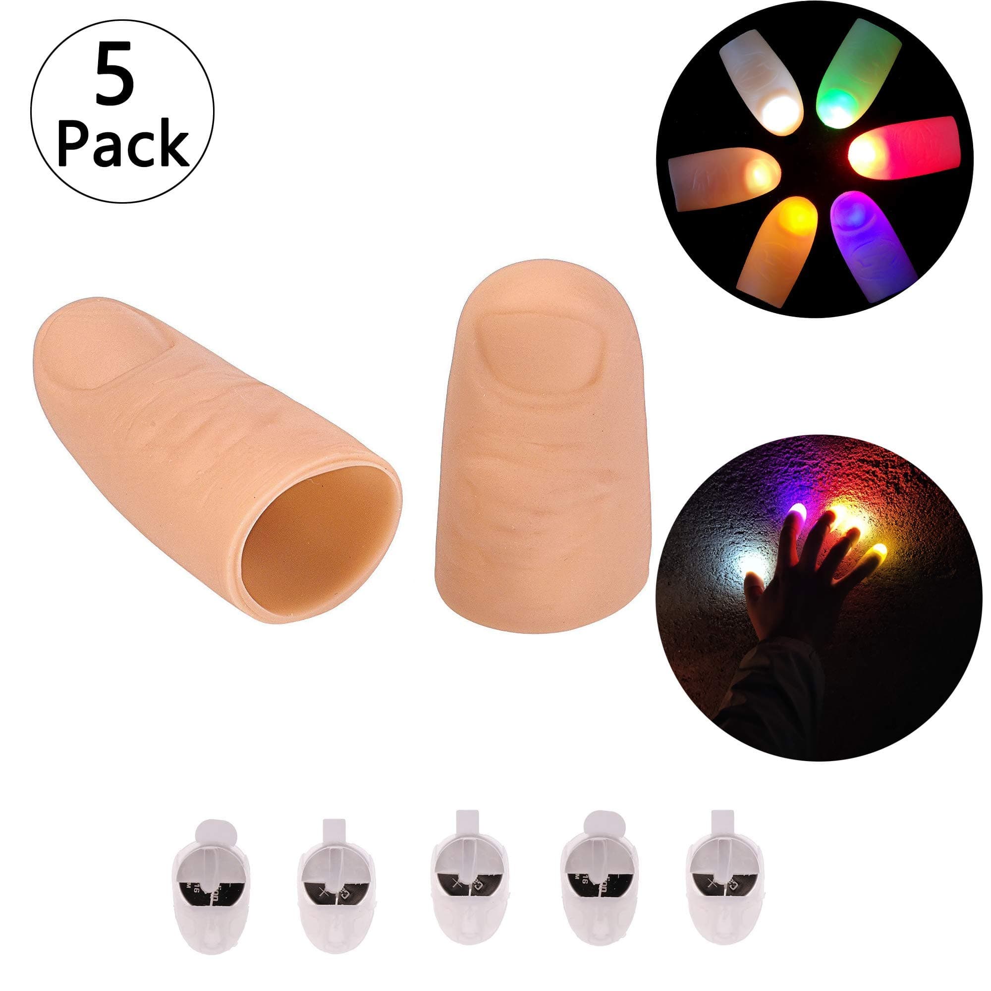 Mein HERZ 5 Pcs LED Finger Lamp, (Finger sleeve 4.6cm × 2.5cm) Magic Light up Finger Magic Trick, Fake Finger, Fake Soft Thumb Tip Finger Magic Trick Close Up Stage Show Prop Prank Toy