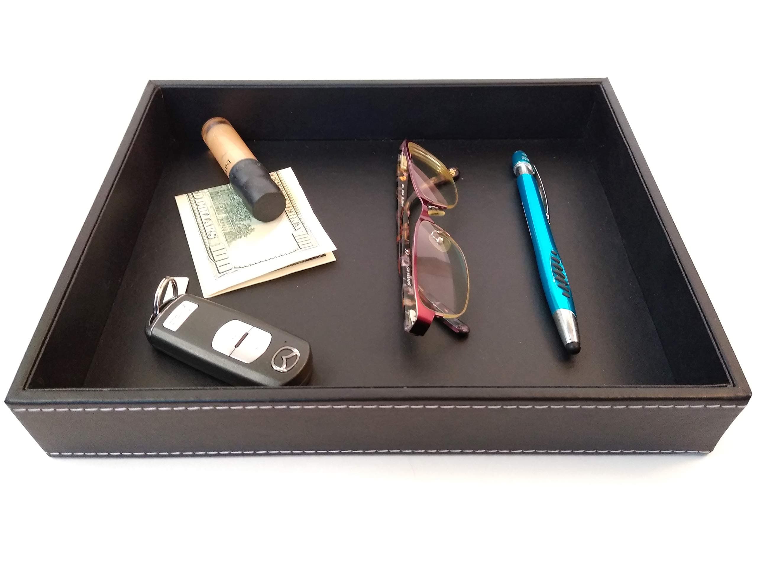 ULTRAY, Valet Tray, Desk Tray, Key Bowl, Nightstand Organizer for Men, Black PU Leather, 10.3 x 8.3 x 1.6 inches