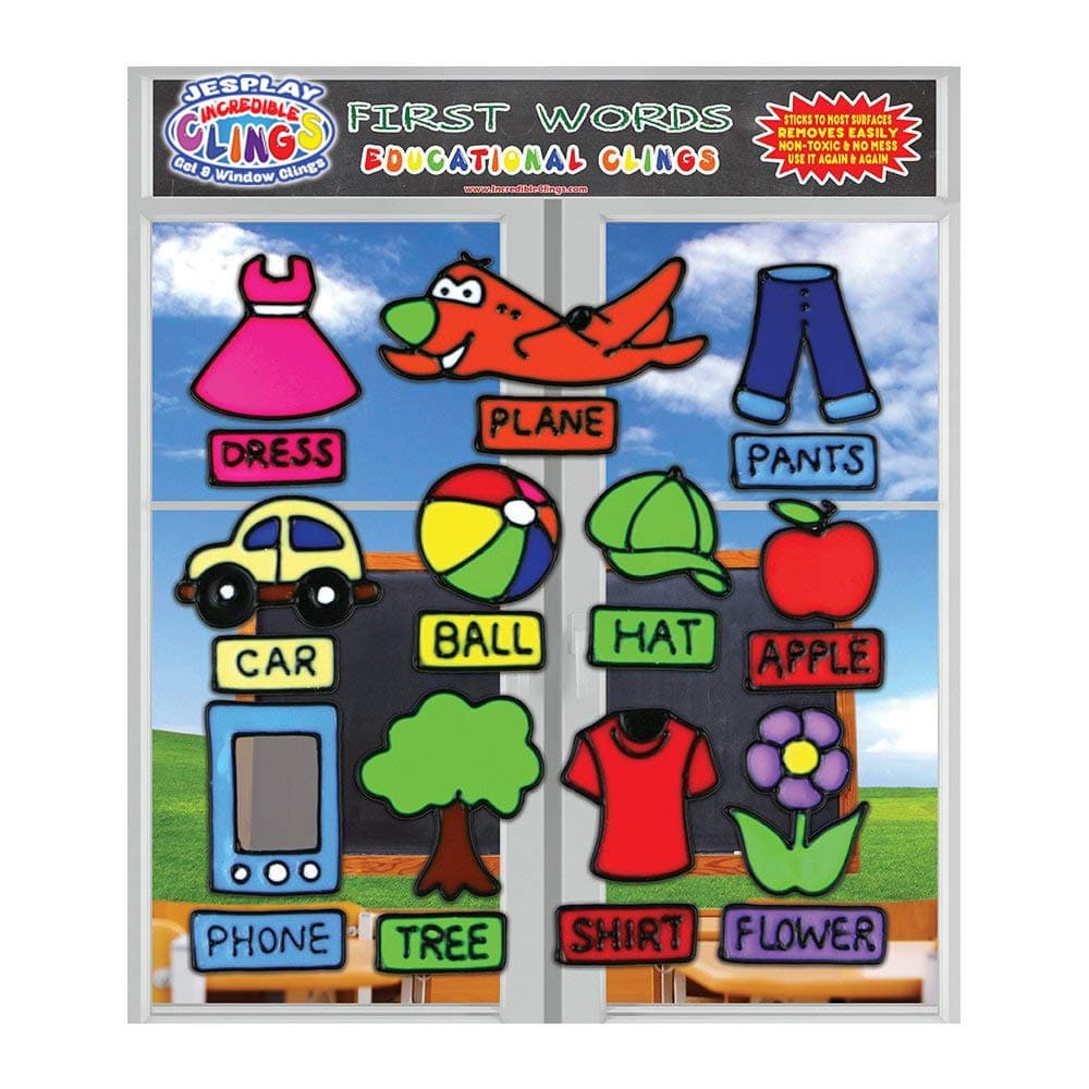 First Words Flexible Gel Clings - Reble and Removable Window Clings For Kids and Toddlers - Pictures and Matching Name Gel Decals for Home, Planes, Teachers, Preschool Classrooms