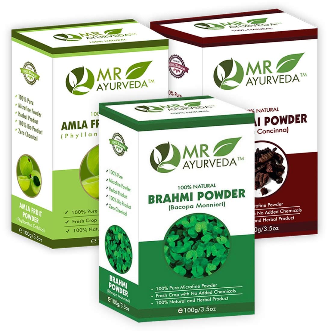 MR Ayurveda Shikakai Powder, Brahmi Powder & Amla Powder for Hair - Set of 3 (100 Grams Each)