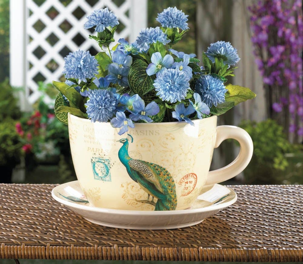 Large Outdoor Planters, Modern Contemporary Gardening Peacock Teacup Planter