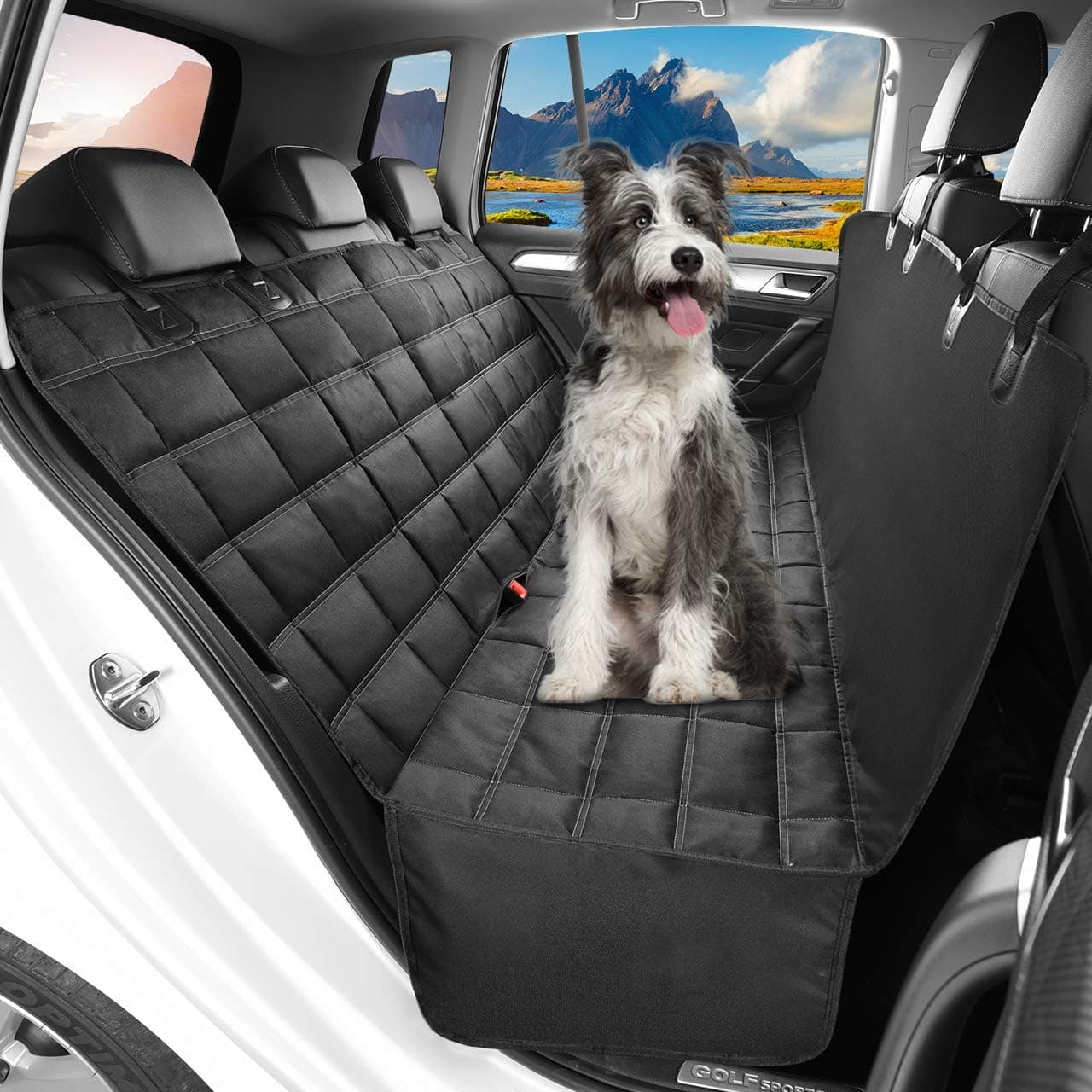 Hopidogie Dog Car Seat Cover 4-in-1, 100% Waterproof Dog Hammock for Car Back Seat, Scratchproof Nonslip Back Bench Cover for Pets Machine Washable Durable Universal fits Trucks SUV