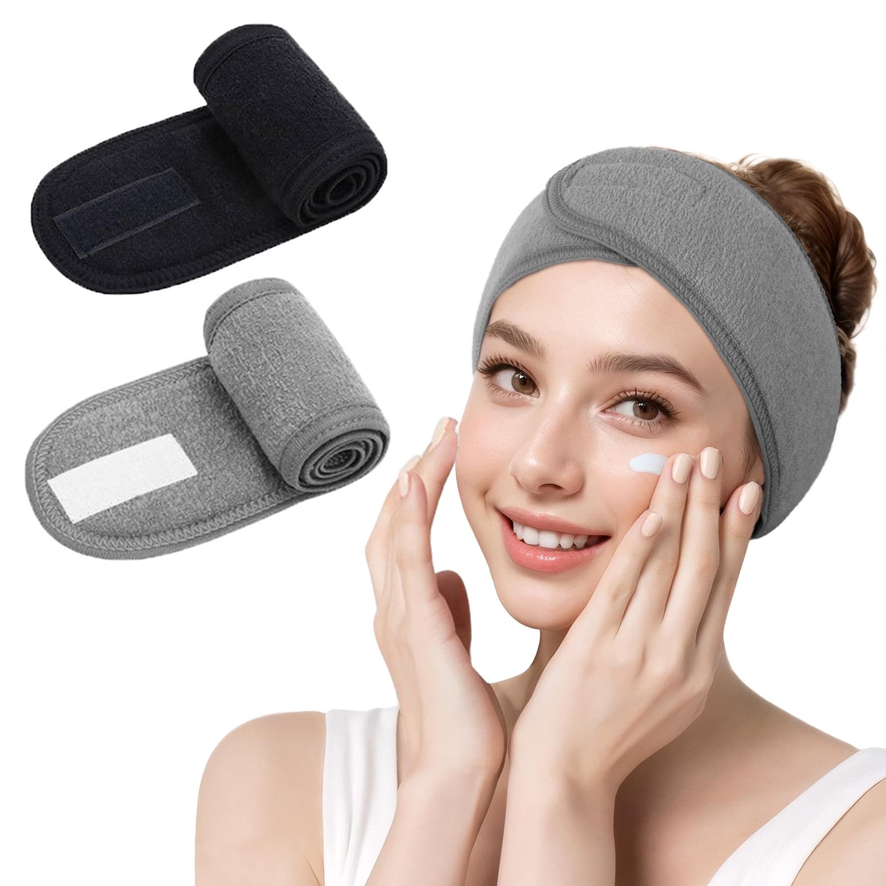 Facial Spa Headband - 2 Pcs Makeup Shower Bath Wrap Sport Headband Terry Cloth Adjustable Stretch Towel with Magic Tape