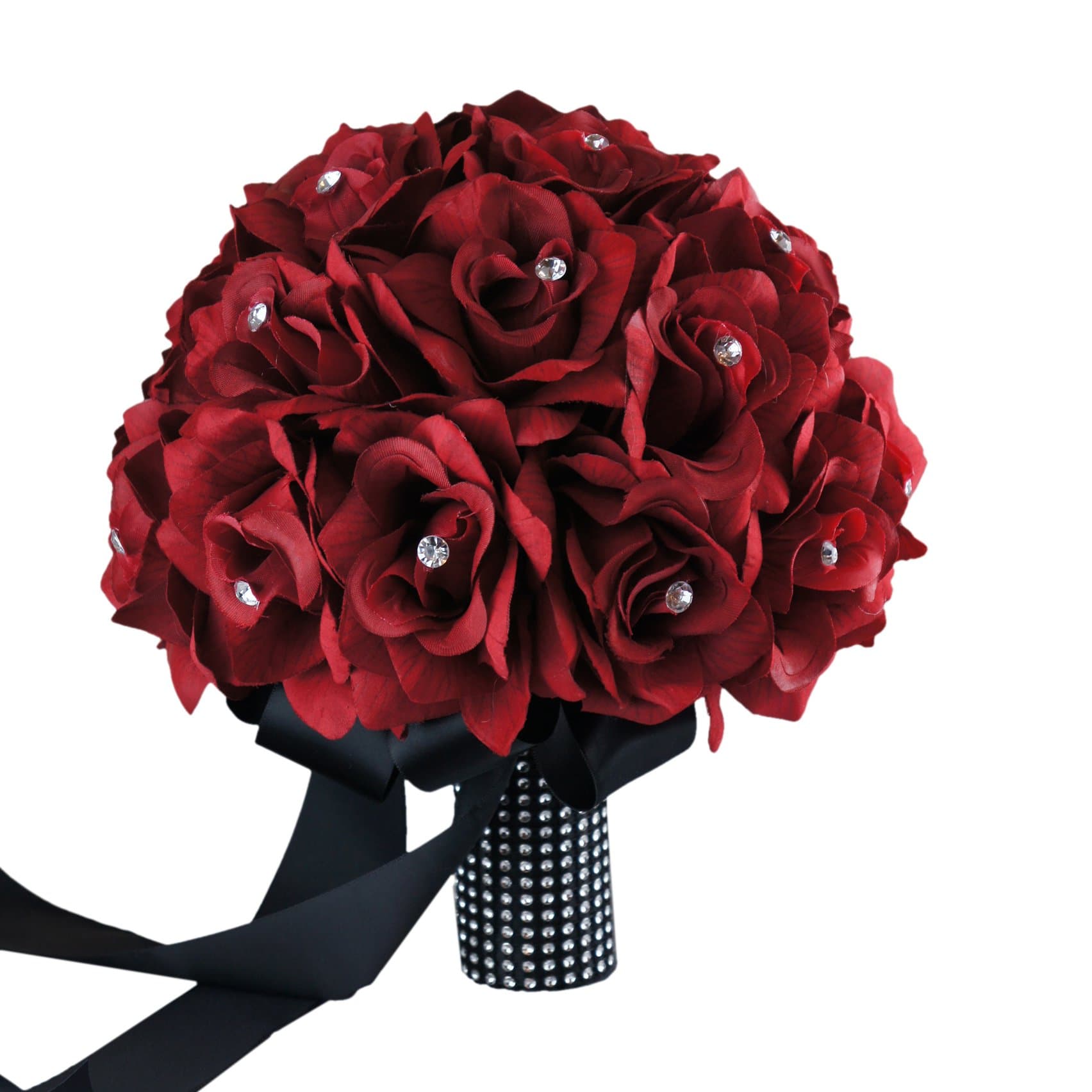 Classic Bridal Bouquet - Apple Red Roses with Elegant Rhinestone Black Ribbon & Bling Accents - Premium Handmade Silk Flowers for Wedding, Prom, and Special Events (10" x 11")