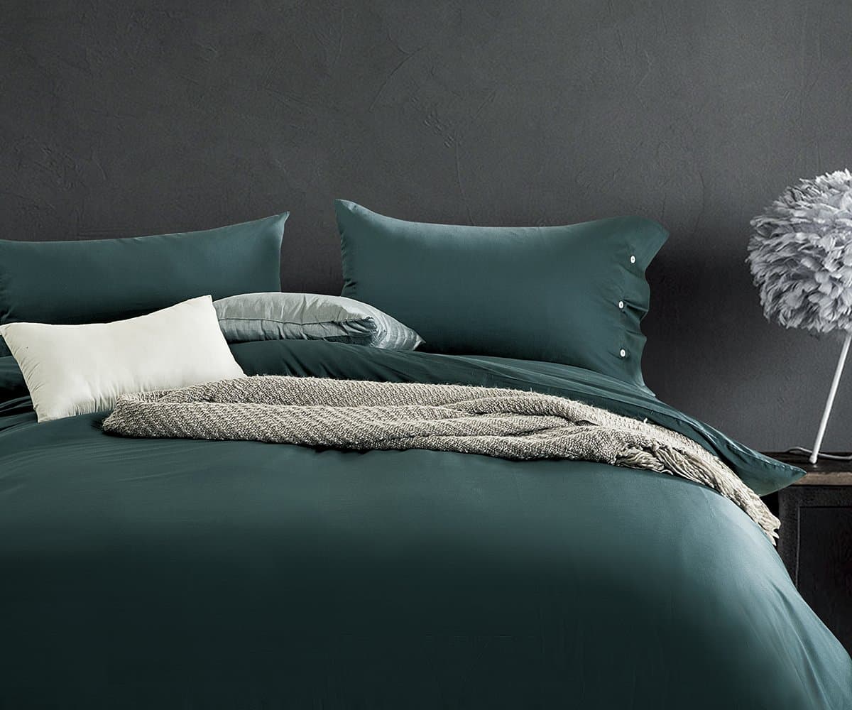 Deep Sleep Home 100% Long Stable Cotton, 3pc Duvet Cover Set, Bedding Set, Solid Color, Green Series, Button Close with Inside Ties (Queen, Dark Blue Green)