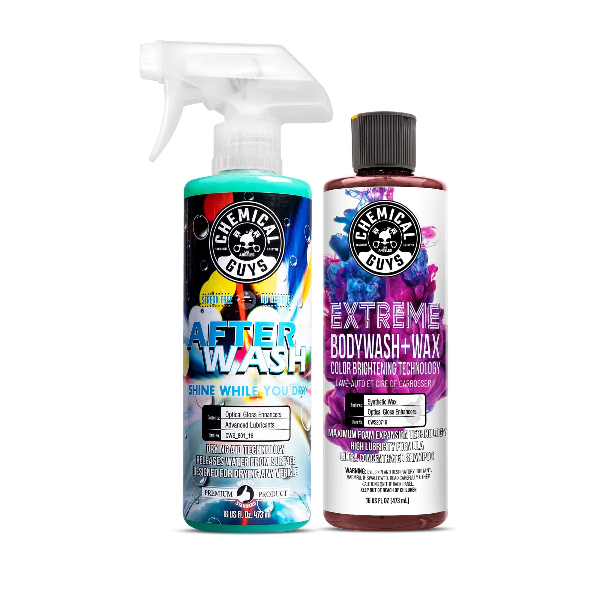 Chemical Guys CWS20716A Car Wash, Dry & Shine Bundle - Extreme Bodywash & Wax Foaming Car Wash Soap, 16 oz + After Wash Gloss Boosting Drying Aid (16 oz) (2 Items) Works on Cars, Trucks, SUVs