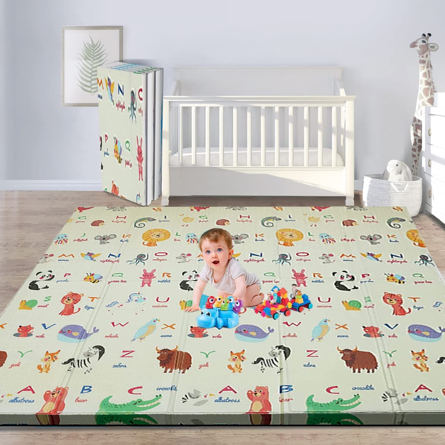 Junior Kingdom Play Mat (200cm x 180cm x 1cm) Baby Playmat for Floor Play Extra Thick Kids Crawling Mat Water Proof and Reversible Large Soft for Toddler 2 sided (Alphabets & Blue Space)