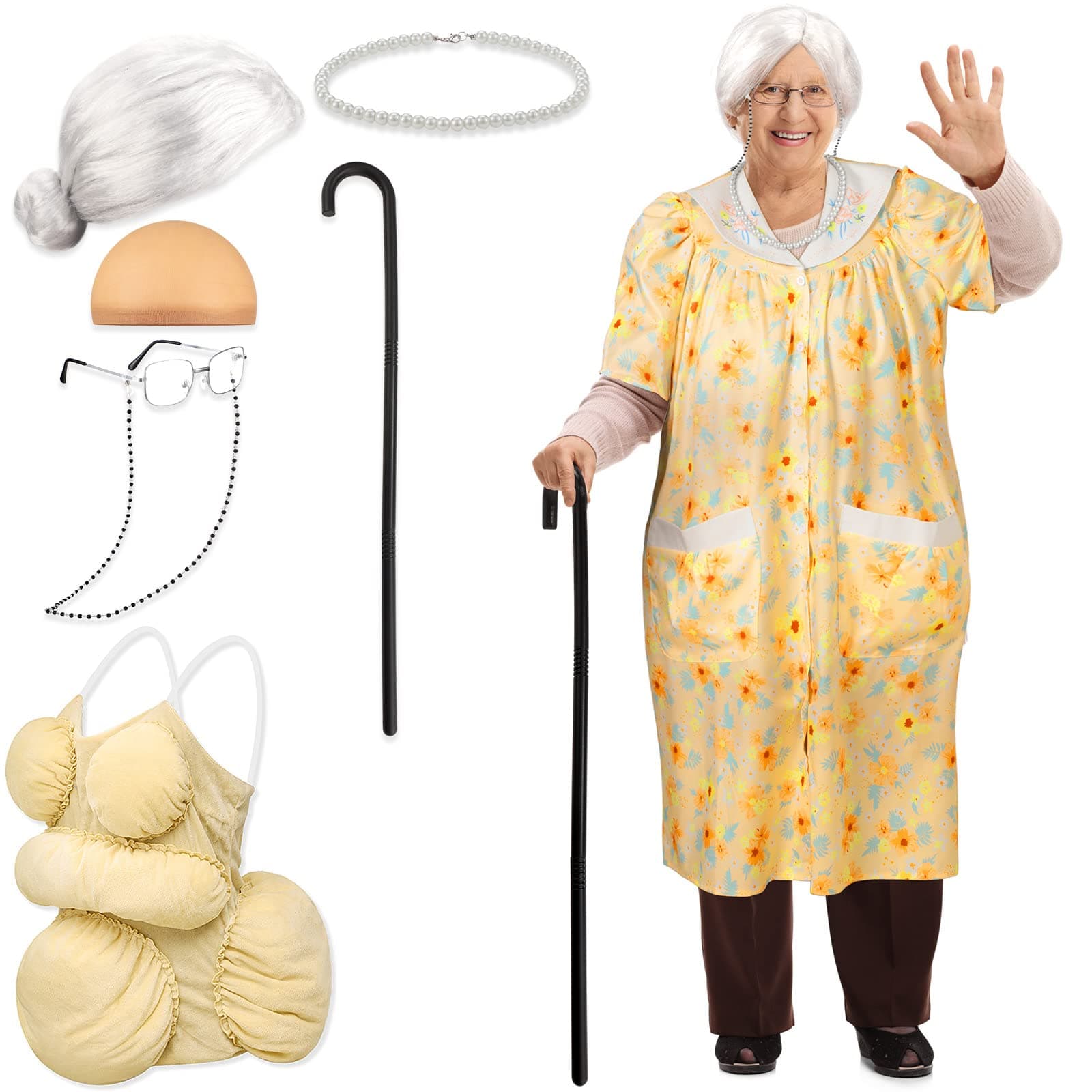 Yaomiao8Pcs Old Lady Costume Set for Women Fat Suits Grandma Dress Suits Short Sleeve Robe Granny Wig Crutch