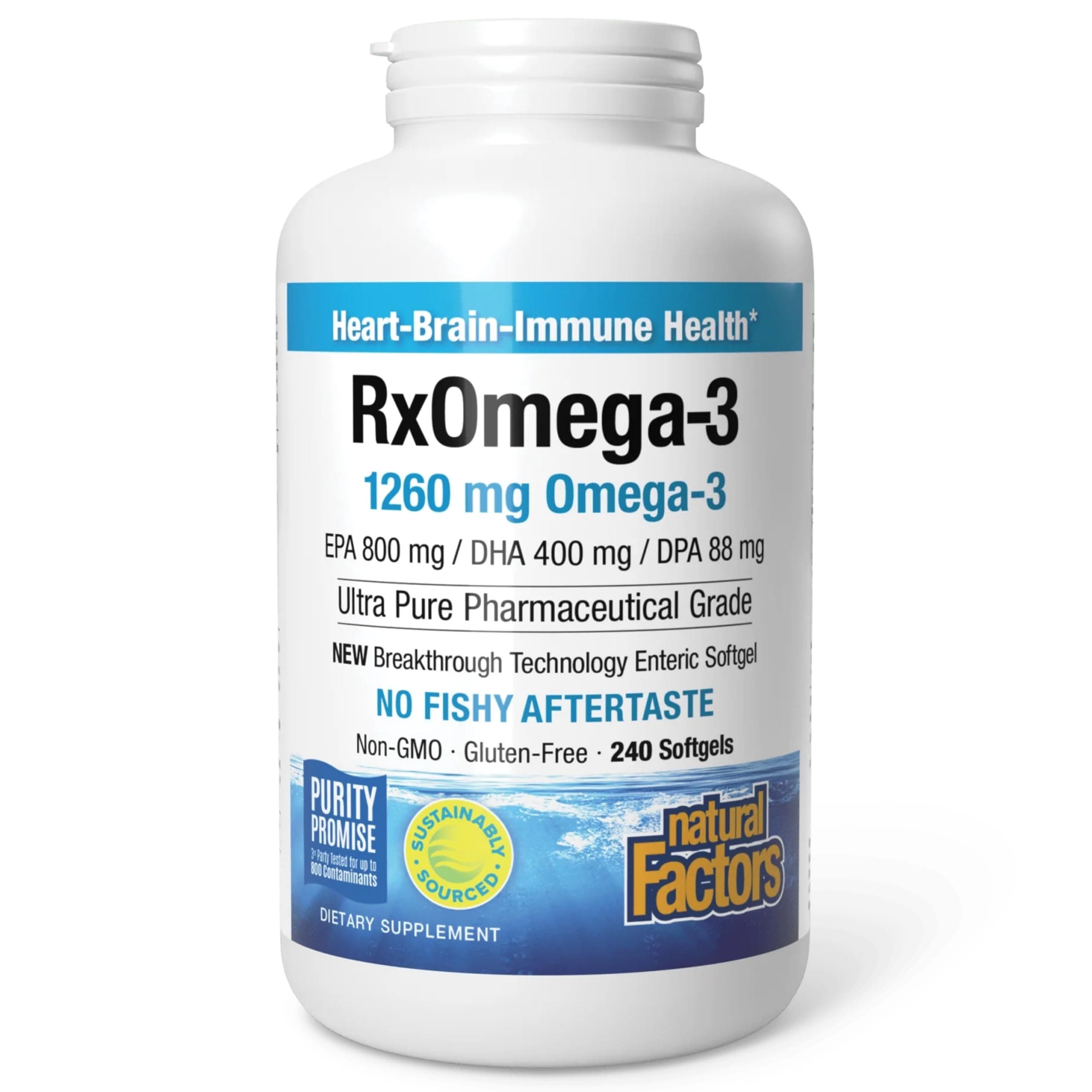 - Natural Factors, RxOmega-3 Fish Oil, Pharmaceutical Grade, 1260 mg Omega-3 Per Serving, No Fishy Aftertaste, 240 Count (Pack of 1)