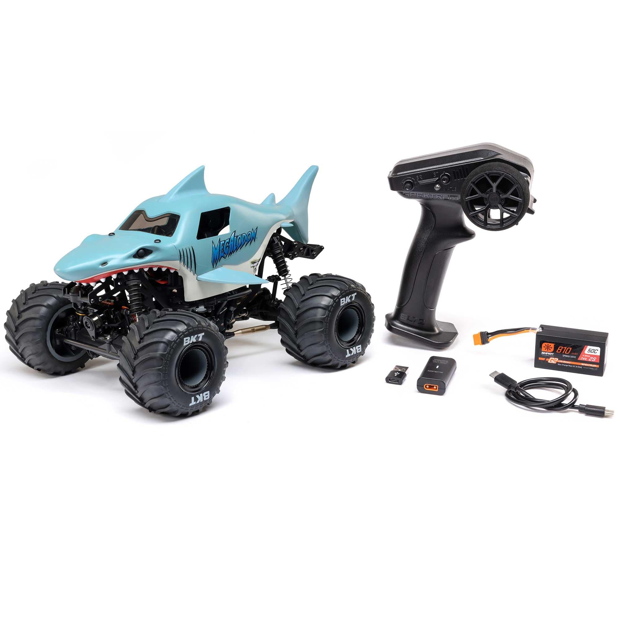 1/18 Mini LMT Megalodon 2S 4X4 RTR Brushed Monster Truck Battery & Charger Included Blue LOS01026T3