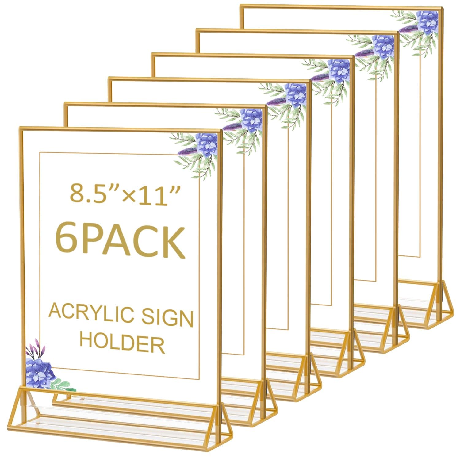 Acrylic Sign Holder 8.5X11 Clear Sign Holder, 6 Pack Acrylic Gold Picture Frame Double Sided Table Flyer Holder, Table Menu Holder Display Stand for Wedding Decor Table Number