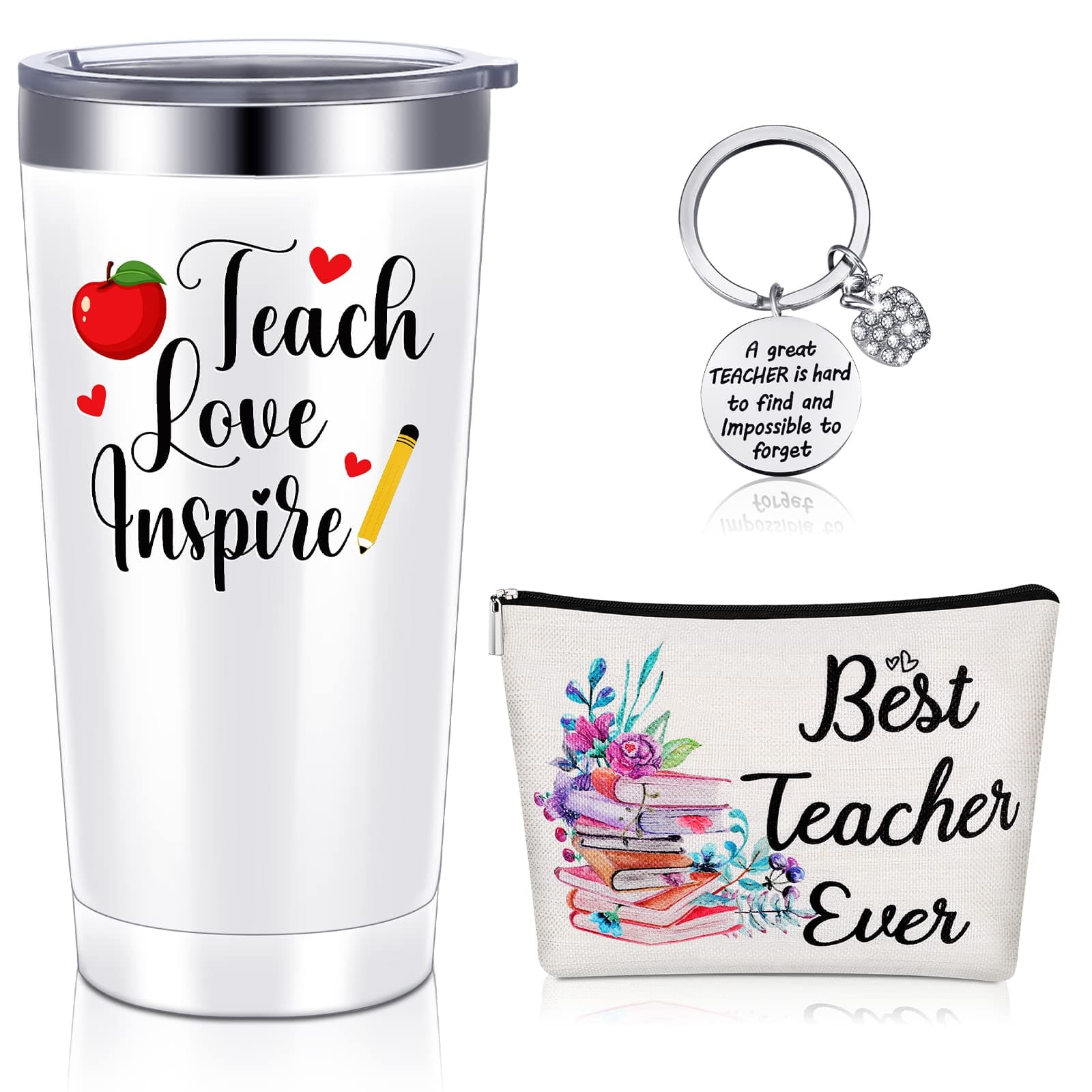 Best Teacher Appreciation Gifts for Women 20 oz Insulated Teacher Tumbler Coffee Mug Keychain Makeup Bag Birthday Graduation Thank You Gifts for Teachers (White, Teach Love)