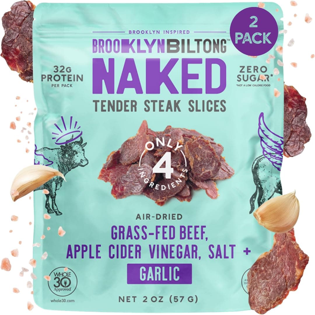 Steakhouse, Garlic Naked Tender Slices (2oz, Pack of 2), Grass Fed Beef Protein Snacks, 32g Grass Fed Protein Per Pack, Beef Jerky Alternative – Sugar Free, Gluten Free, Paleo Snacks