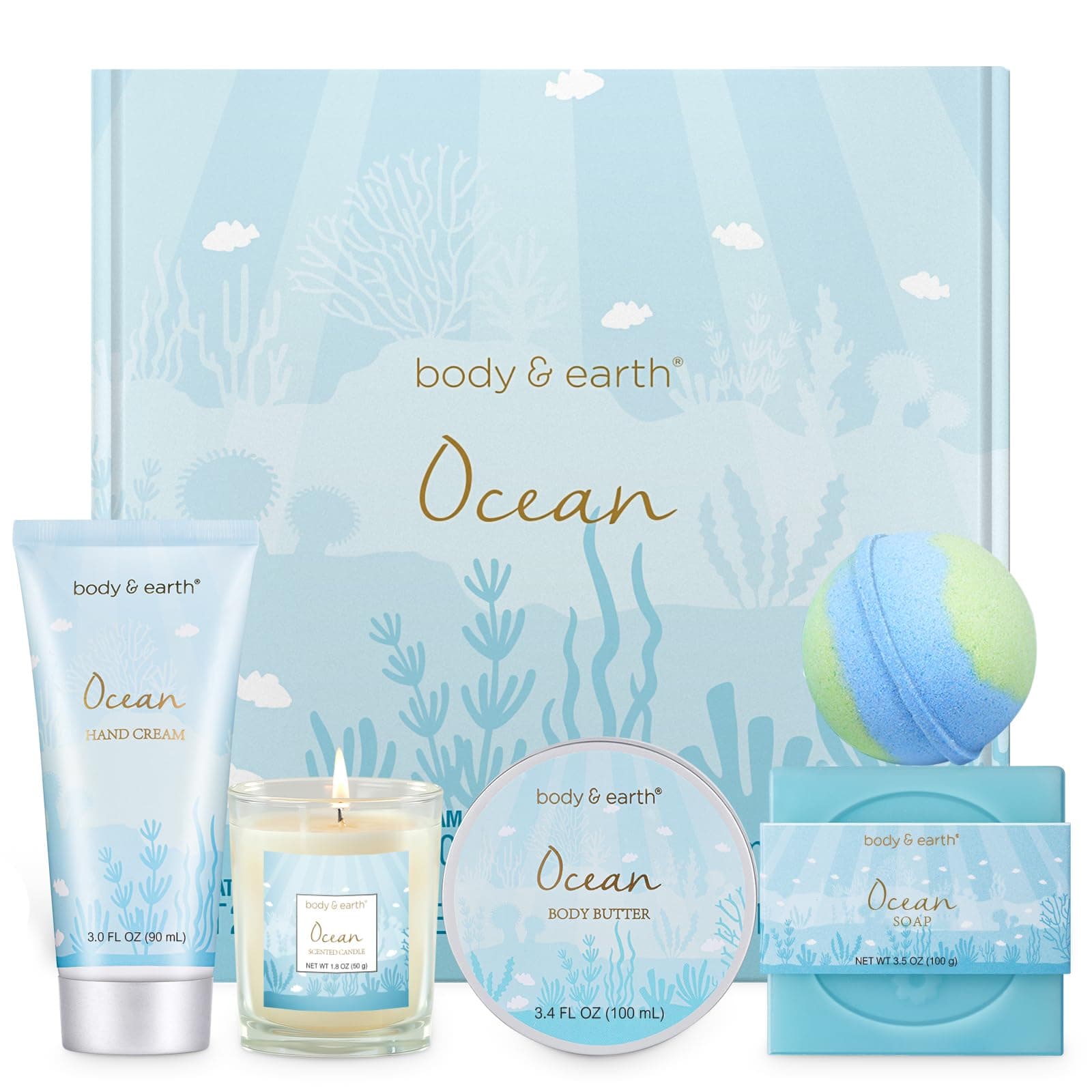Gifts for Women BODY & EARTH Birthday Gifts for Women, Gift Set 5Pcs Ocean Bath Spa Gift Set, Women's Gift Baskets Travel Kit, Skin Care Sets, Gift Sets for Her, Pamper Gifts for Mom, Wife