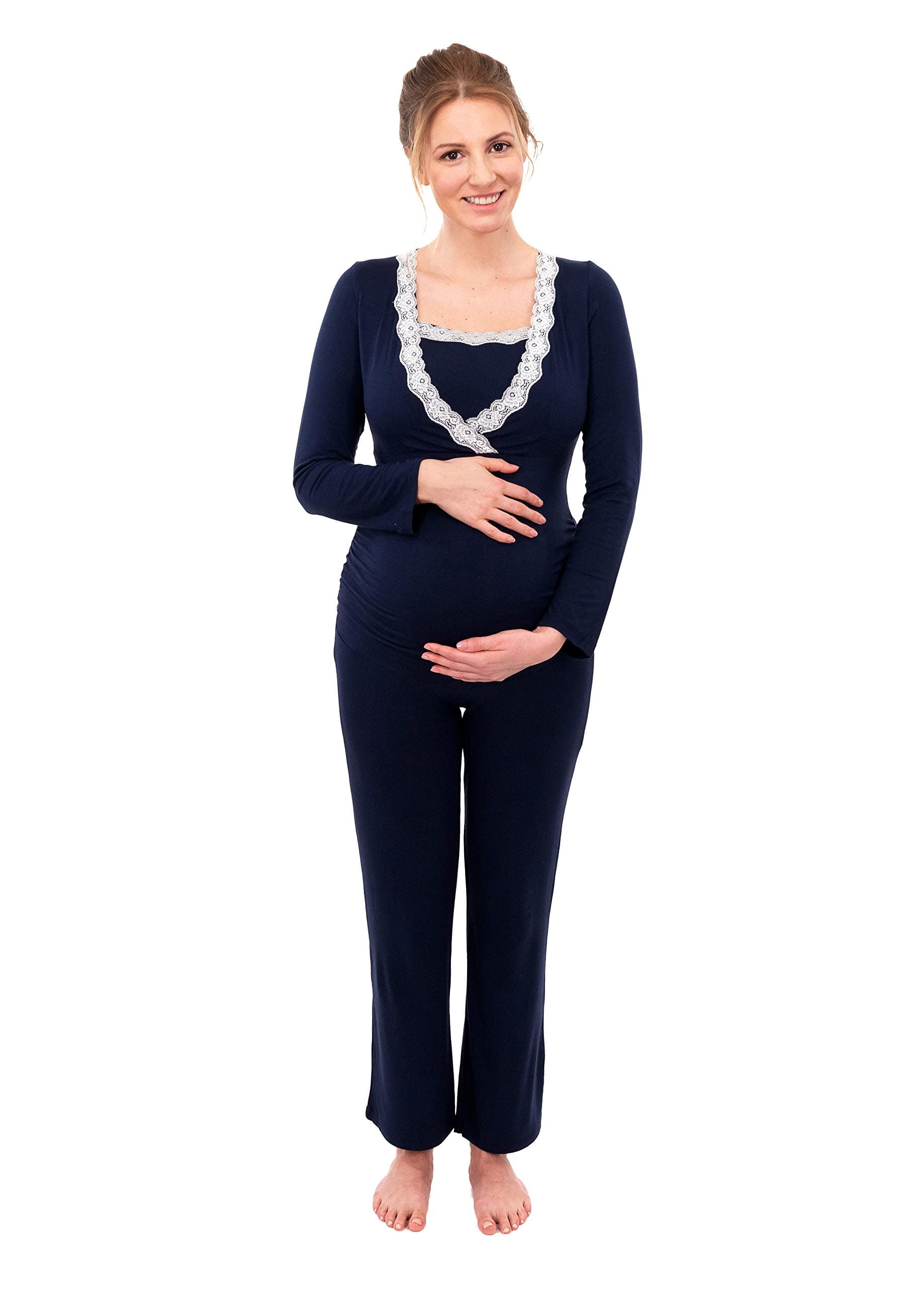 Herzmutter 2000 Nursing Pyjamas - Women's Lace Sleepwear for Pregnancy Breastfeeding - Pyjama Set with Breastfeeding Function - Long Sleeve - Blue/Grey/Taupe