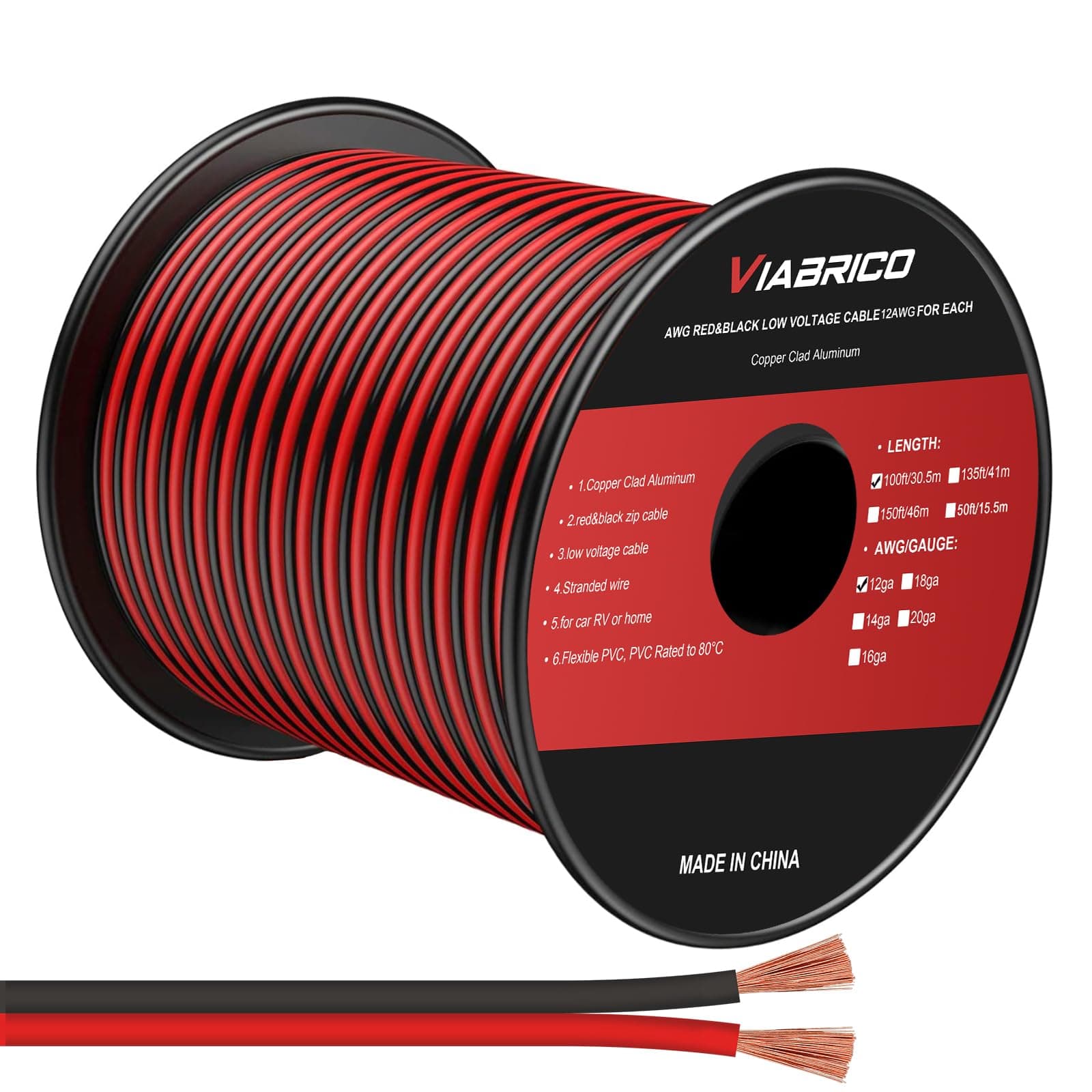 12Gauge 100FT Electrical Wire - 2 Conductor Red/Black Cable for LED Lighting Strips - 12AWG Copper Clad Aluminum - 12V/24V DC