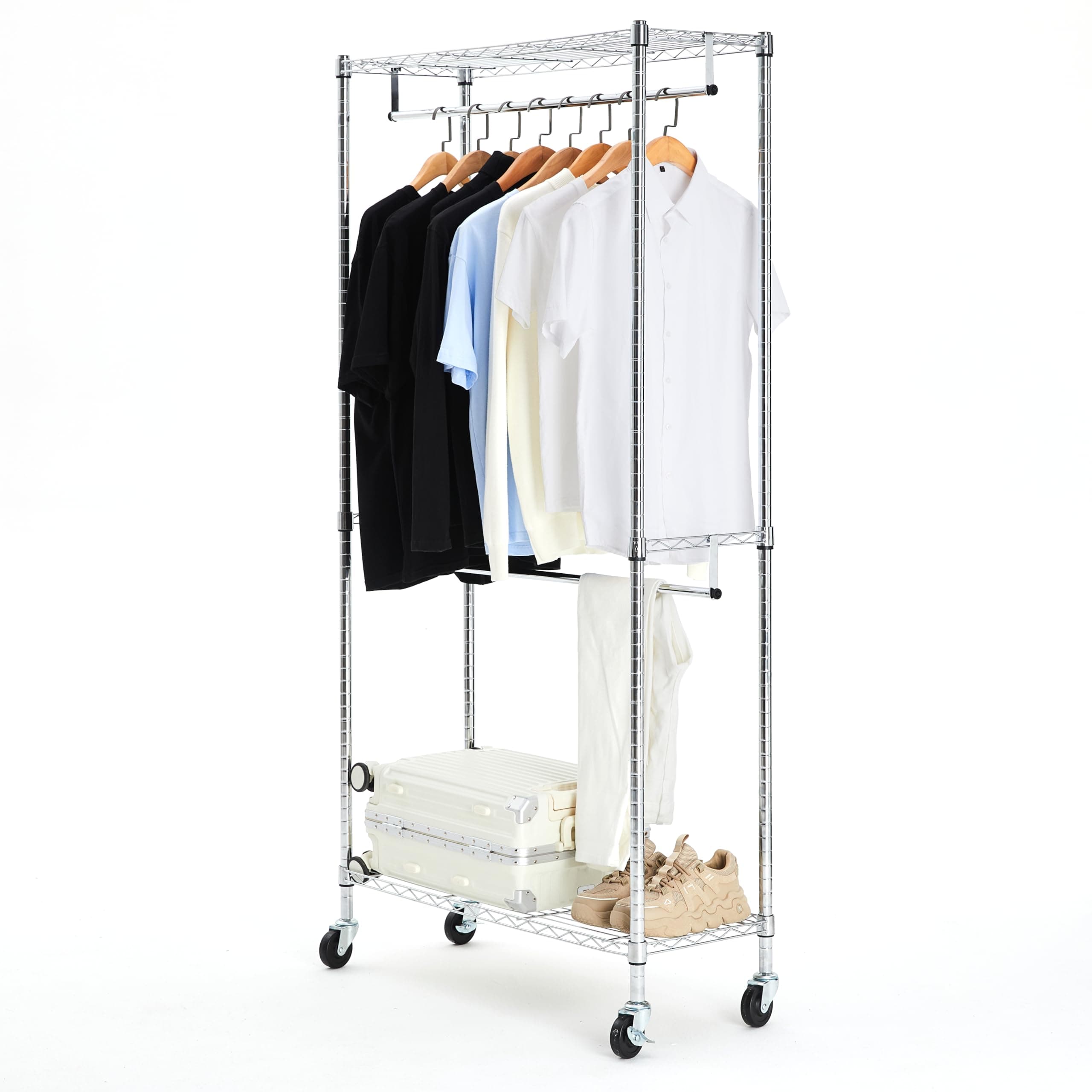 Amazon Basics Hanger Rack, 2 Tier, Clothes Rack, Load Capacity 399 lbs (181 kg), Sturdy, with Casters, with Shelves, Width 36 x Depth 14 x Height 72 inches (91.4 x 35.6 x 182.9 cm), Chrome