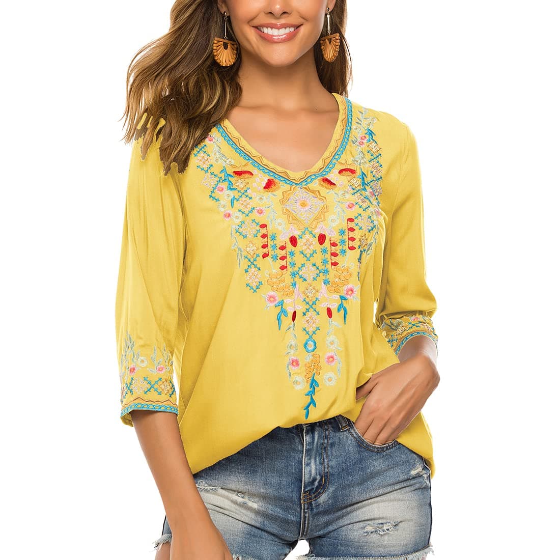 Women's Summer Boho Embroidery Mexican Bohemian Tops Peasant 3/4 Sleeve V Neck Shirt Tunic Blouses