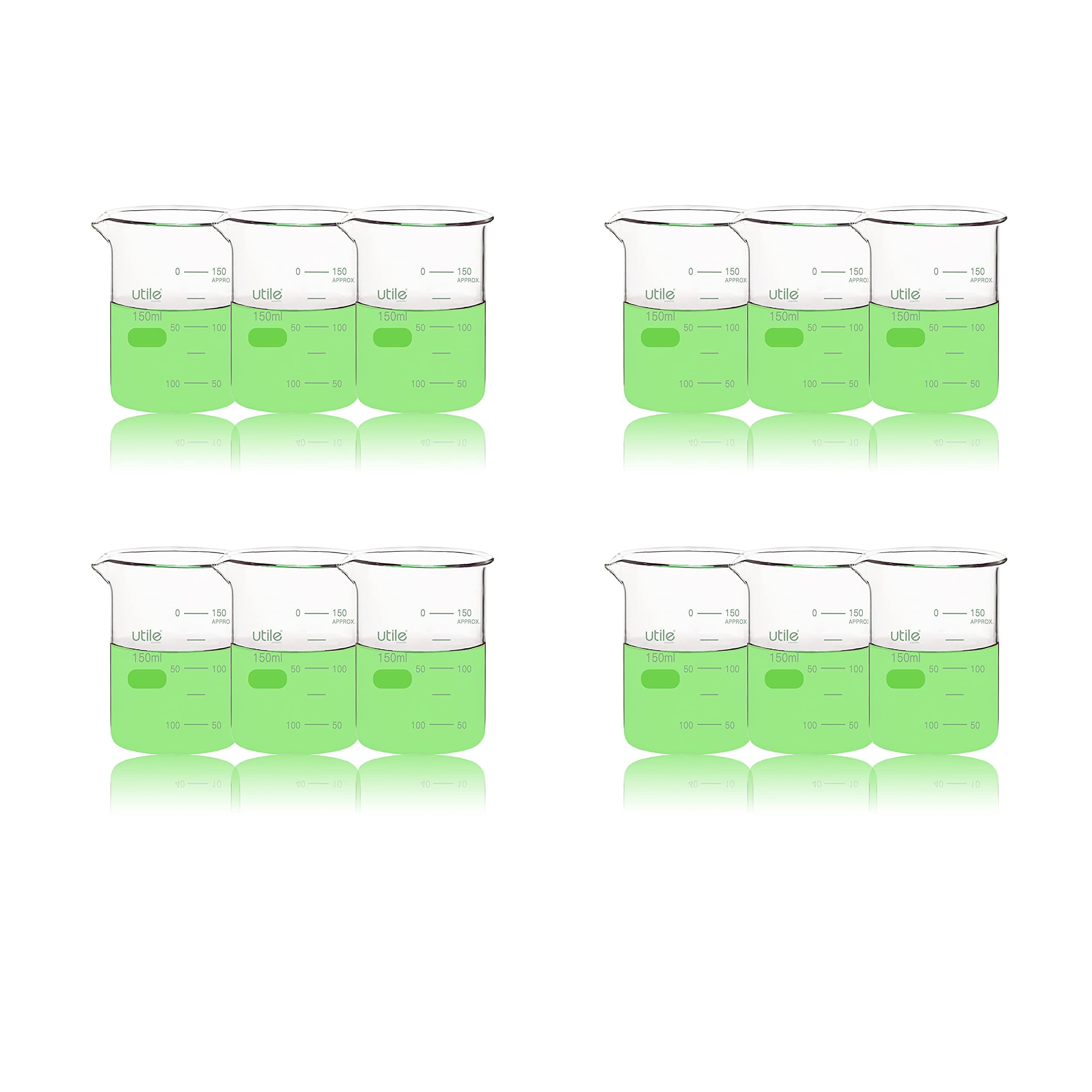 Utile 150ml Beaker Set, 12pcs of 5.1oz Upgraded Thickening Grass Beakers, Low Form Chemical Lab Beakers, Borosilicate 3.3 Glass with Printed Graduation, 4000.0150.12