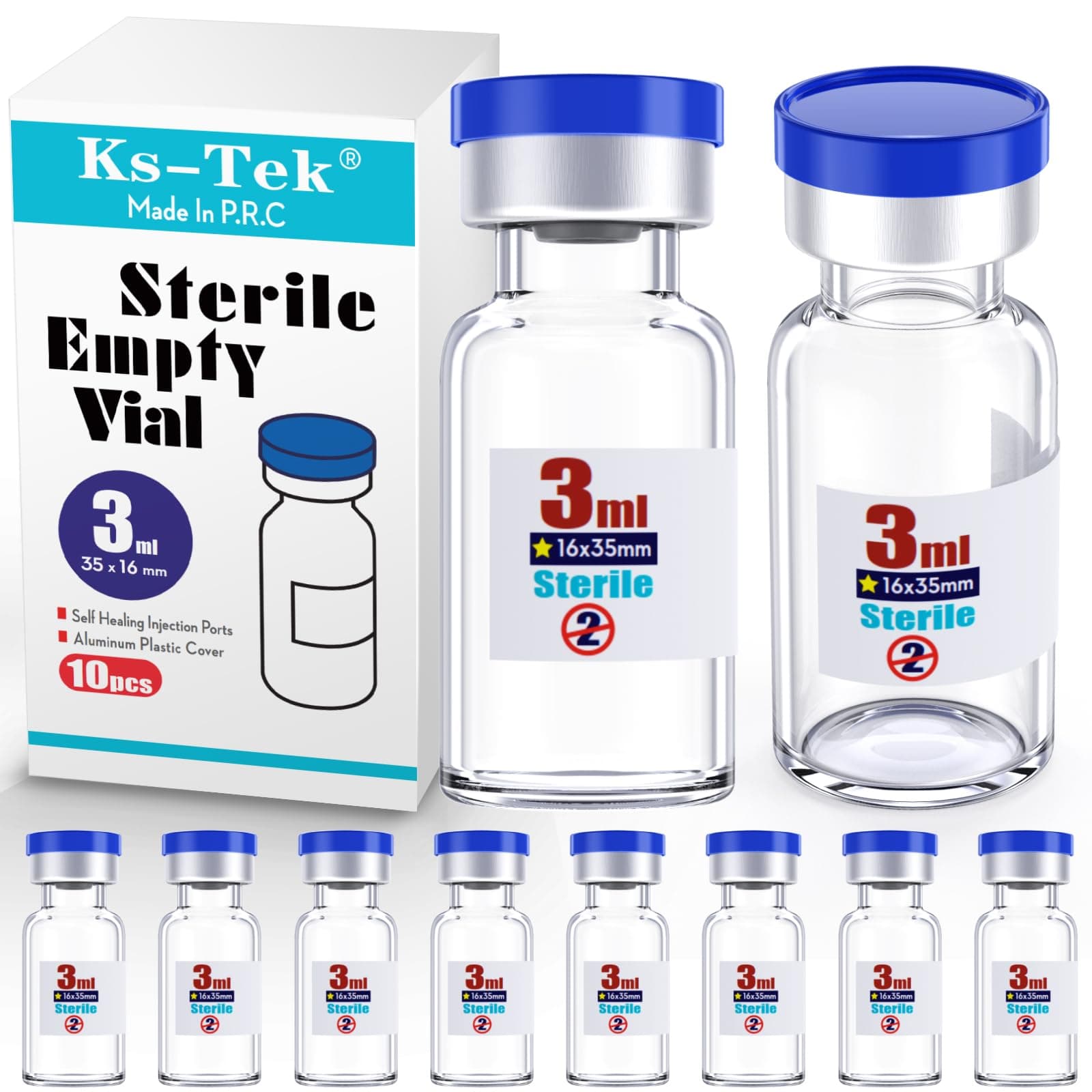 Ks-Tek Sterile Empty Vials with Self-Healing Filler with Flip-off Aluminum Cap Sterile Package (3ml 10)