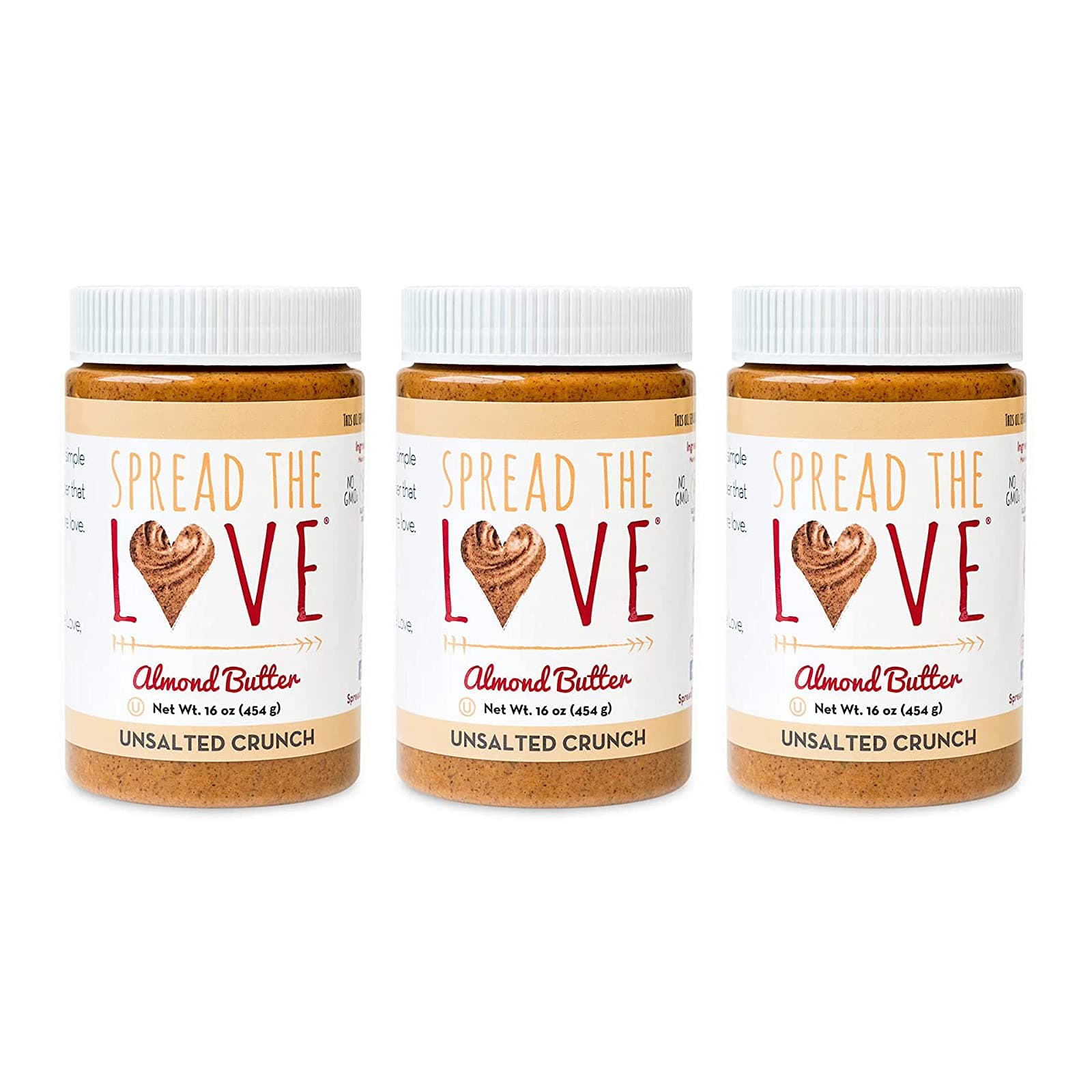 Spread The Love UNSALTED CRUNCH Almond Butter, All Natural, Vegan, Gluten Free, Creamy, No Added Salt or Sugar, No Palm Fruit Oil, Not Pasteurized with PPO, Made in California (3-Pack)
