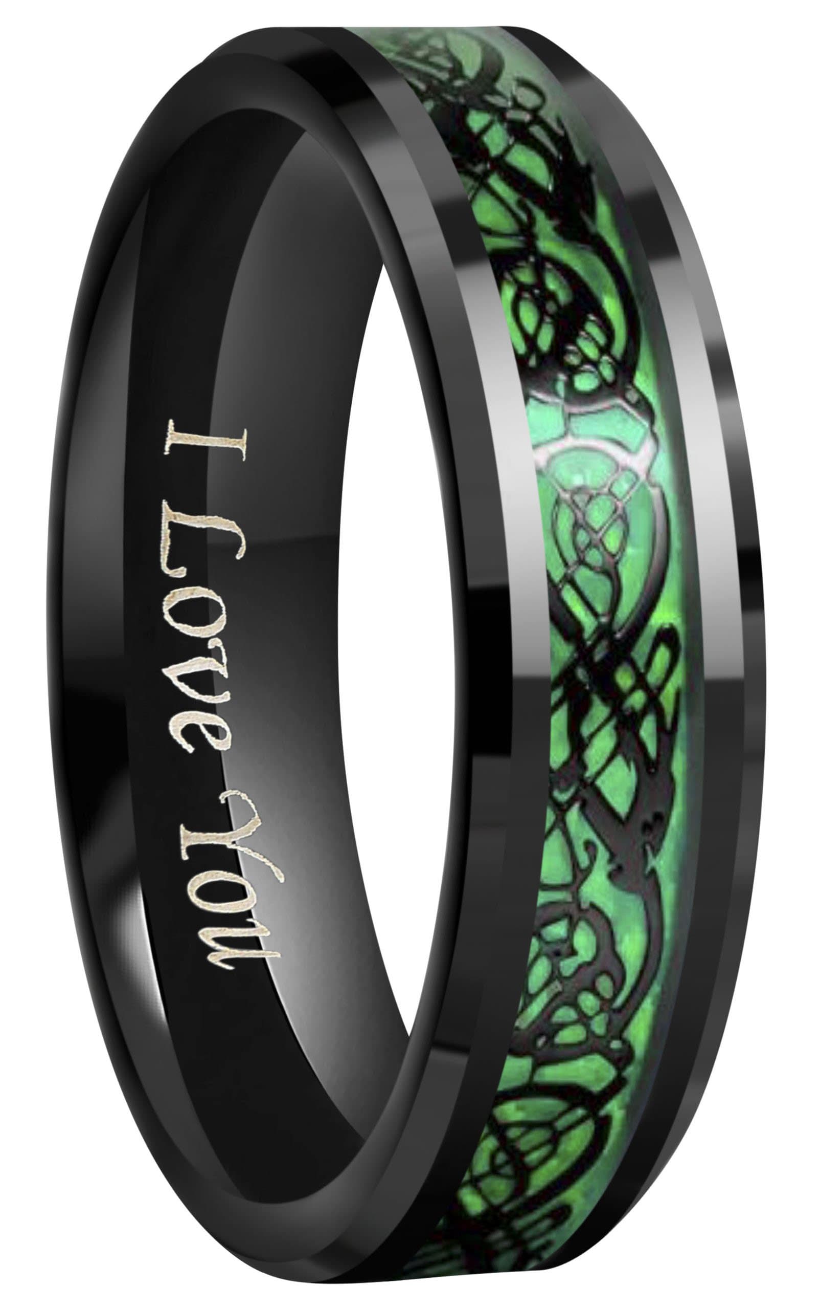 6mm 8mm Green Carbon Fiber Black Celtic Dragon Tungsten Carbide Wedding Band Ring Engraved I Love You Size 4 To 16