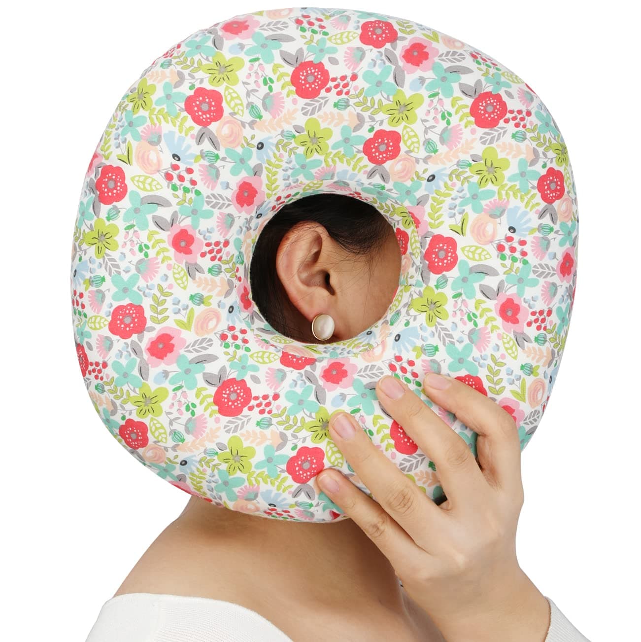 Piercing Pillow Ear Pillows Floral Print Donut with Hole for Ear Pain CNH, Piercing, Pain Relief Sleeping, Pressure Sore, Side Sleepers, Headphones (Camellia)