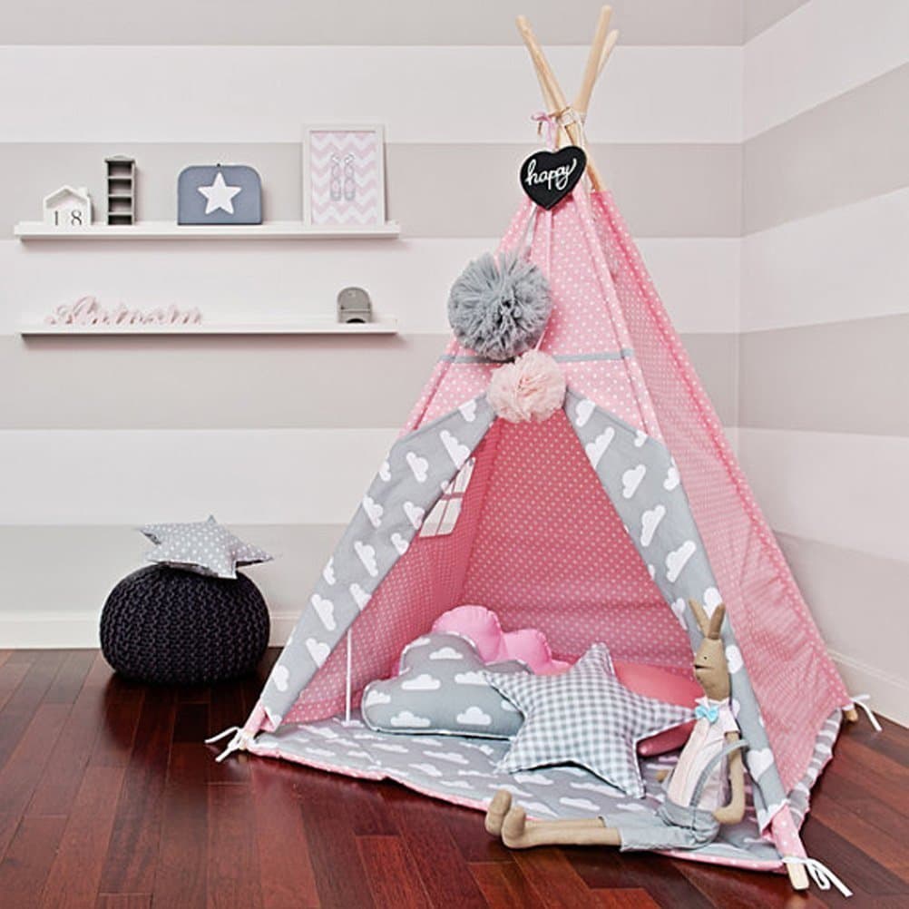 Little Dove Princess Indian Teepee Tent Children Playhouse Kids Play Room Furniture Top Lace with Hanging Pompoms Ball Style Pink Dot with Thick Mat
