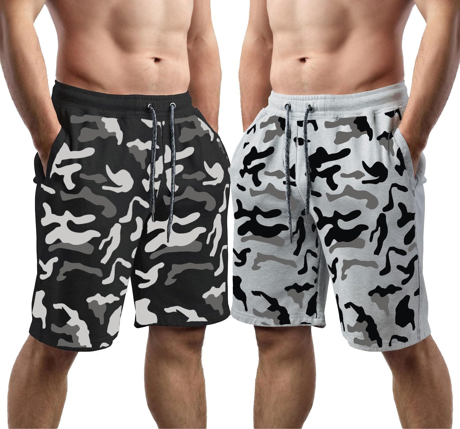 Men's Black & Grey Cotton Regular Shorts - Workout, Gym, Running, Yoga and Sports Shorts - Camouflage Printed - Pack of 2