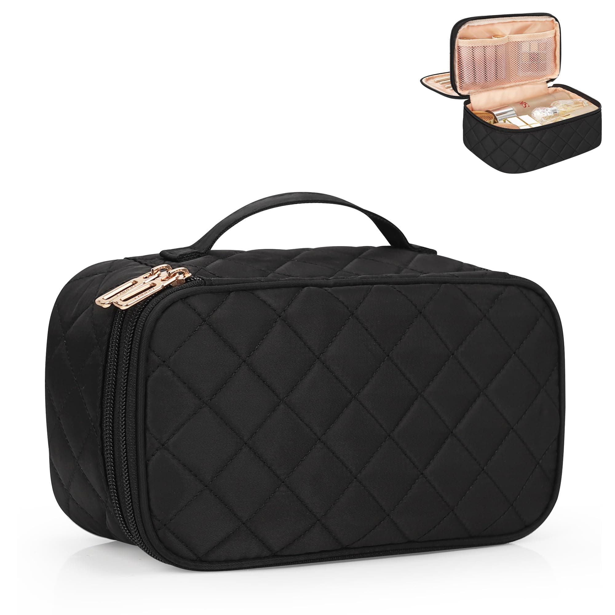 Relavel Makeup Bag, Small Makeup Bag for Women, Travel Cosmetic Bag, 2 Layers Waterproof Makeup Organizer Storage with Makeup Brush Holder, Black