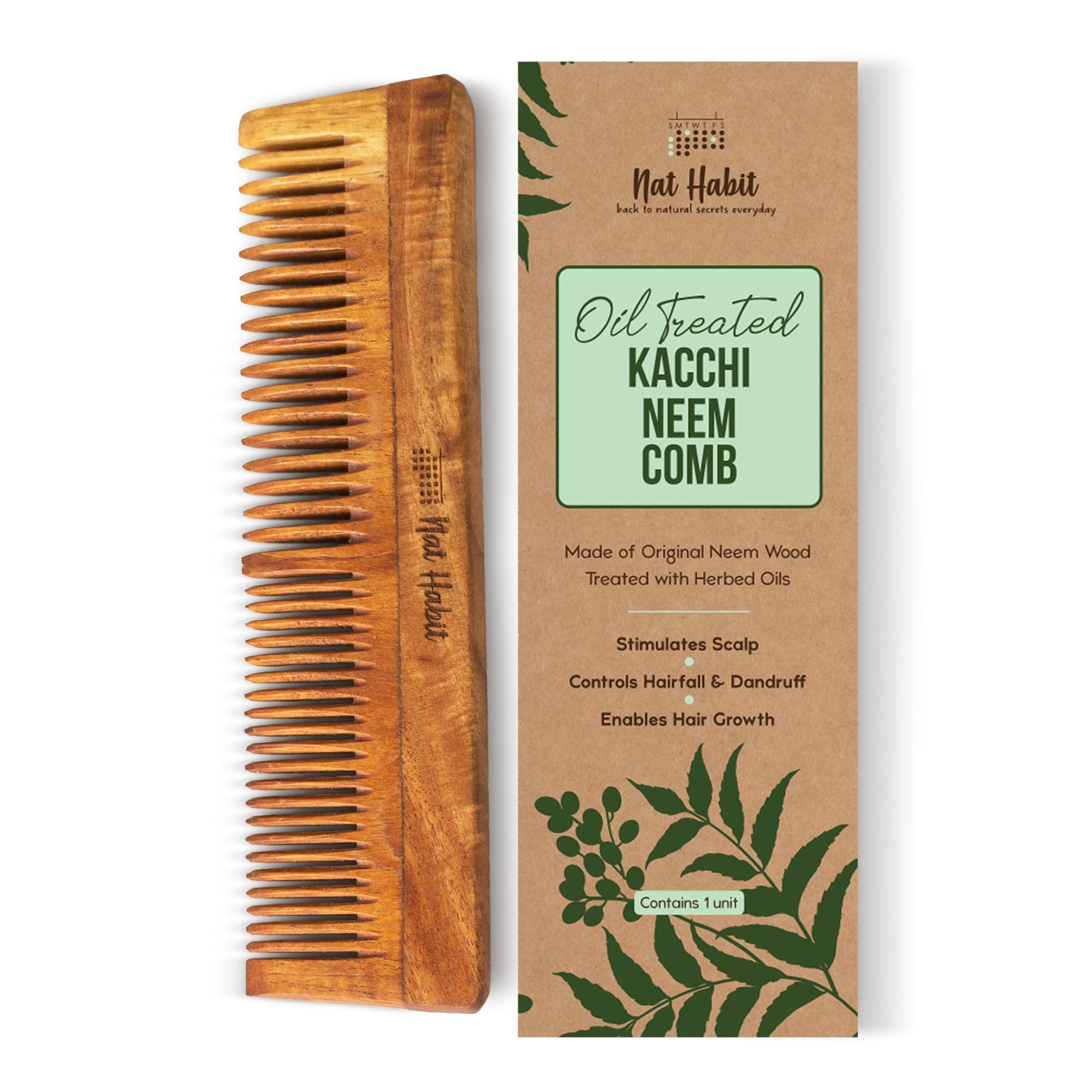 Kacchi Neem Wooden Comb, Soaked In 17 Herbs Neem & Sesame Oil For Multi-Actions - Detangling, Frizz Control & Shine,Suited For All Hair Types (Dual Tooth)
