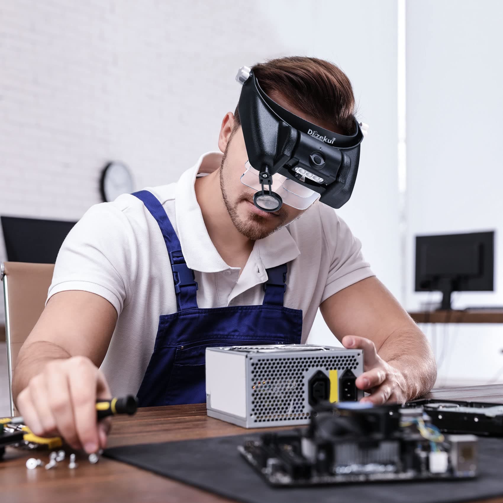 Uarzt Head Mount Magnifier with LED Light, Rechargeable Headband Magnifier, Head-Mounted Magnifying Glass with 6 Detachable Lens, Handsfree Magnifying Glasses for Jewelers Loupe, Crafts, Repair