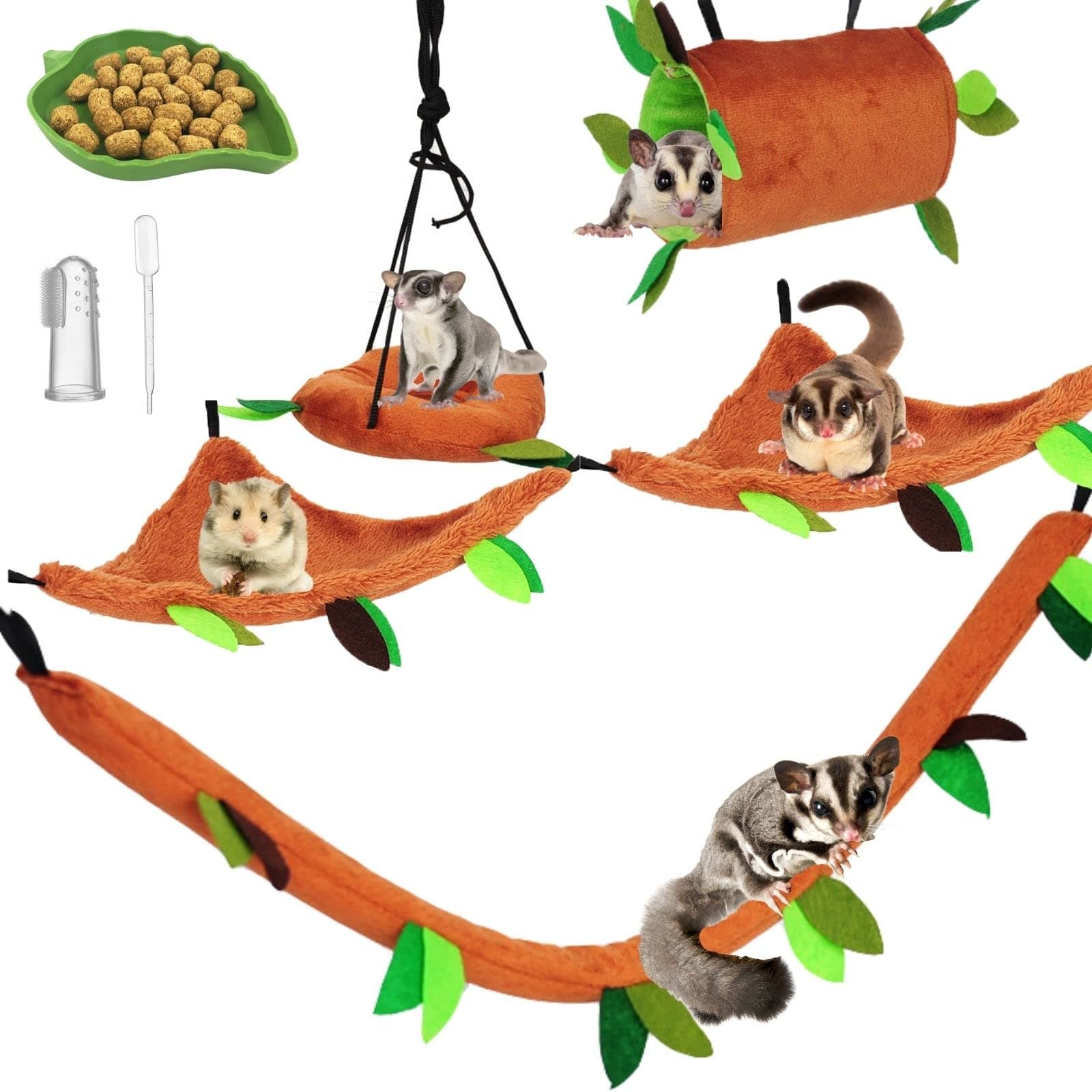 5Pcs Sugar Glider Supplies Cage Accessories Hammock Set Hanging Bed Hideout for Small Animal Pets Hamster Guinea Pig Squirrel Gerbils