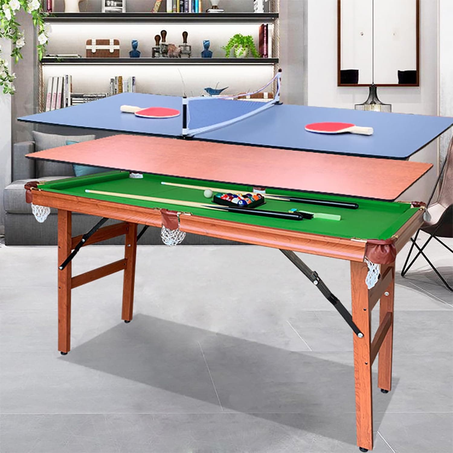 55in Folding Pool Billiard Table,Multi Function 3 in 1 Pool Table,Hockey Table, Table Tennis Table with Cue Sticks,Balls,Triangle,Chalk, Brush and All Accessories, for Kids and Adults