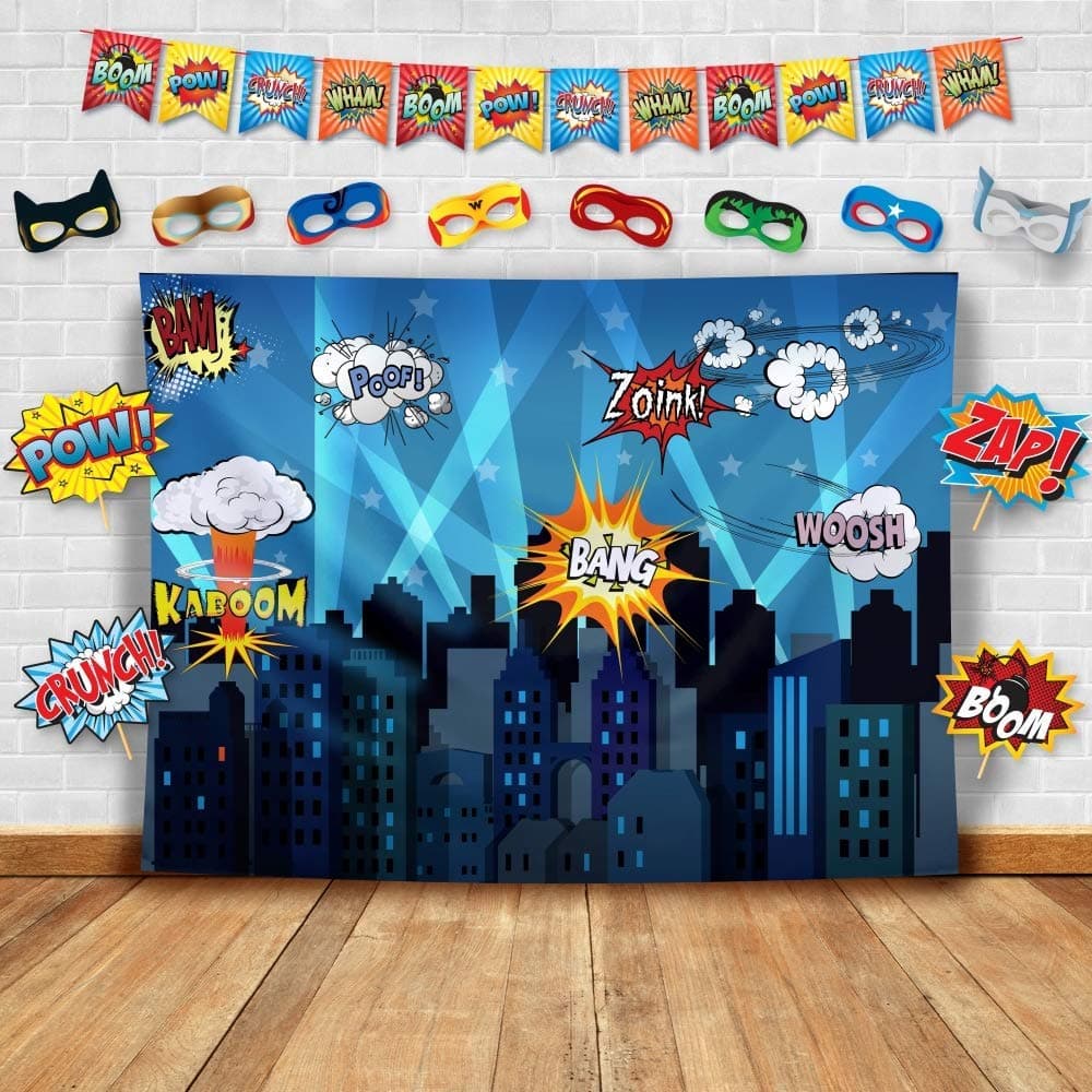 Superheroes Theme Party Photography Backdrop with Prop, Flag & Mask. Super Hero Cityscape Photo Booth Background for Kids Party, Birthday Wall Decorations