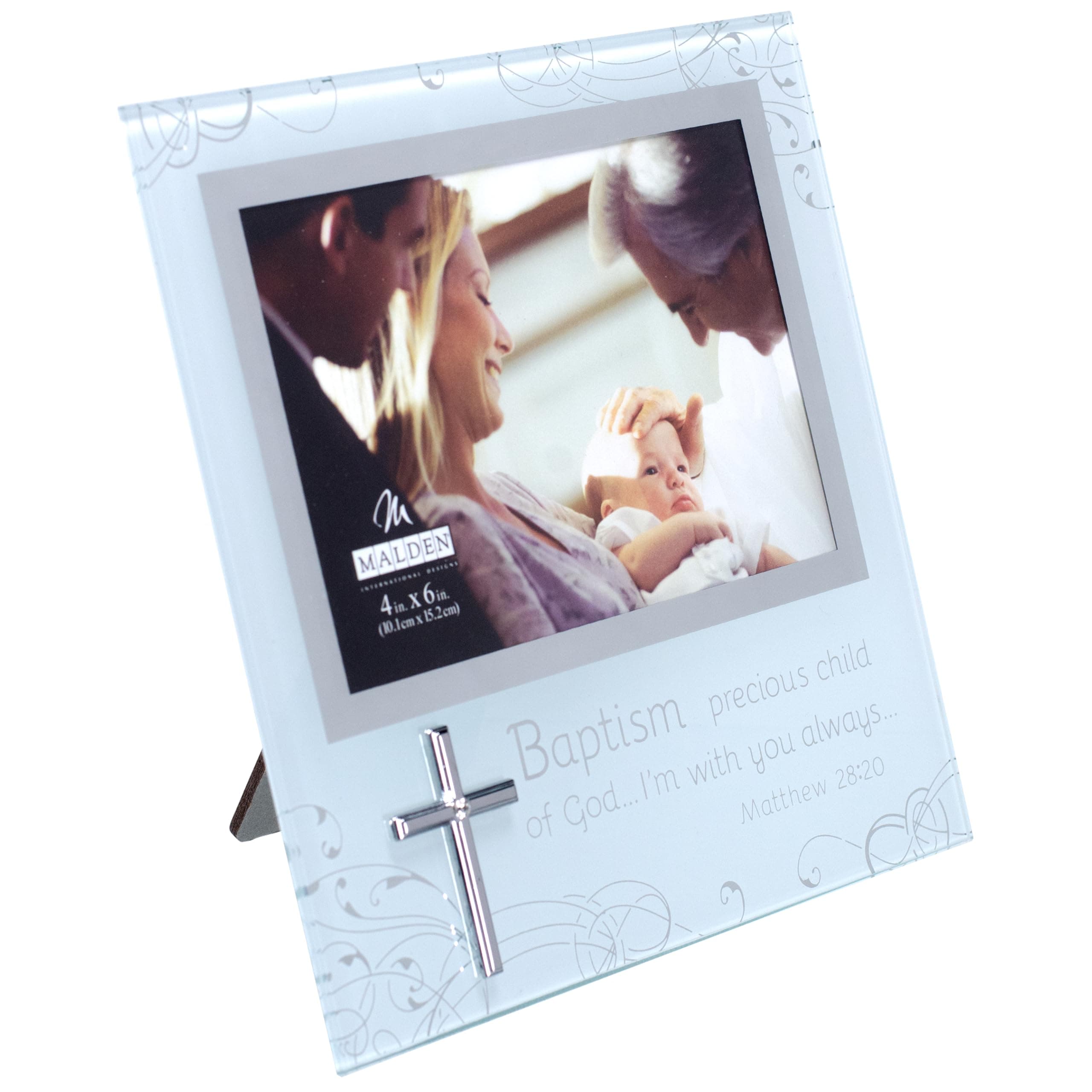 Malden International Designs Baptism 4x6 Mirrored and Frosted Glass Horizontal Picture Frame with Metal Silver Finished Border Quality Clear Glass Silver Mirror