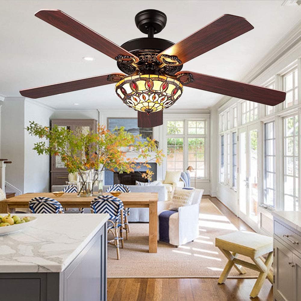 52 Inch Antique Ceiling Fan with Tiffany Light, Remote Control & Decorative Black Finish - Elegant Tiffany Electrical Ceiling Fan Light