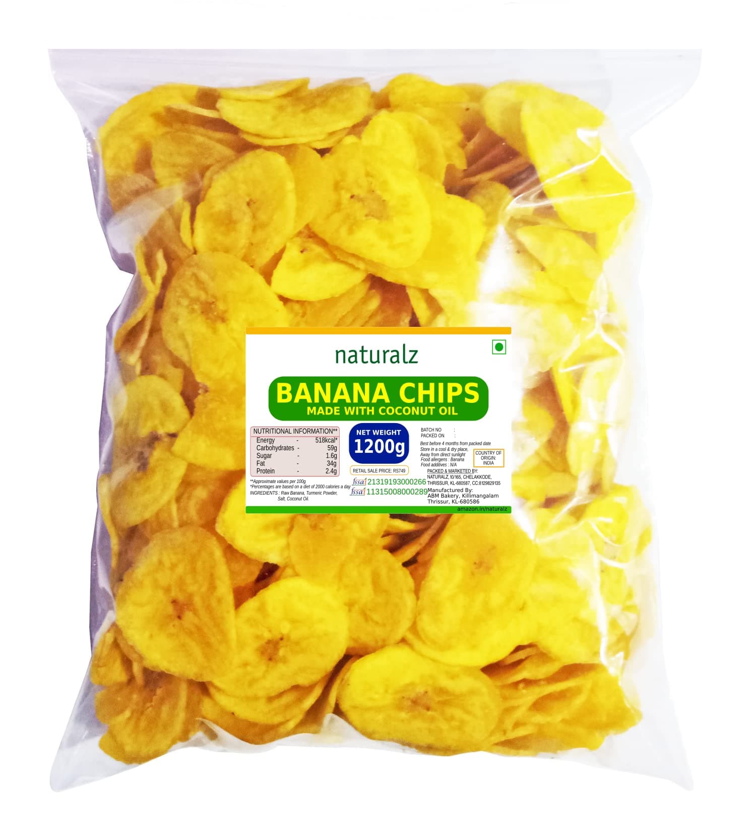 Naturalz Kerala Banana Chips Made in Coconut Oil - 1200g