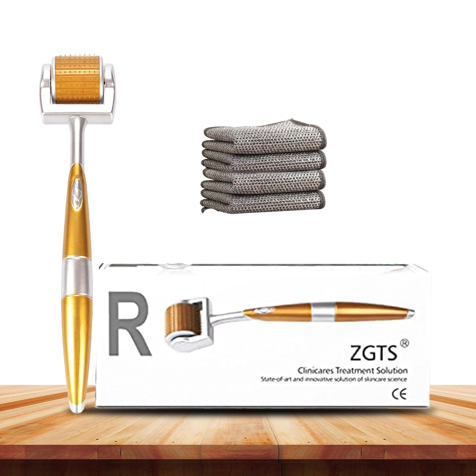 ZGTS Derma Roller 0.5mm Combo with Ultimate Kitchen Cleaning Set – Titanium Dermaroller for Hair Regrowth & Beard Growth with Non-Scratch Microfiber & Stainless Steel Scrub Cloths (Pack of 4)