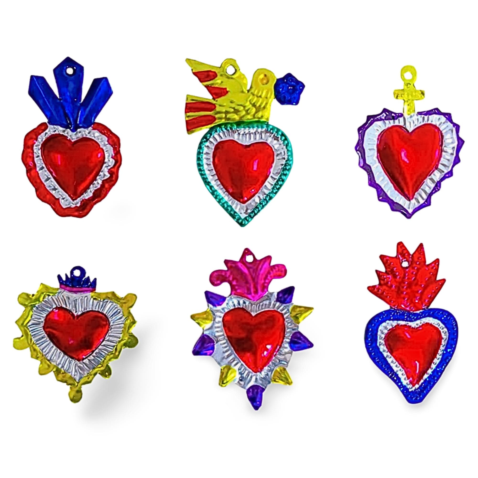 Mexican Milagros Charms - Tin Painted Sacred Heart Ornaments - Mexican Art (Set of 6) - Multicolor