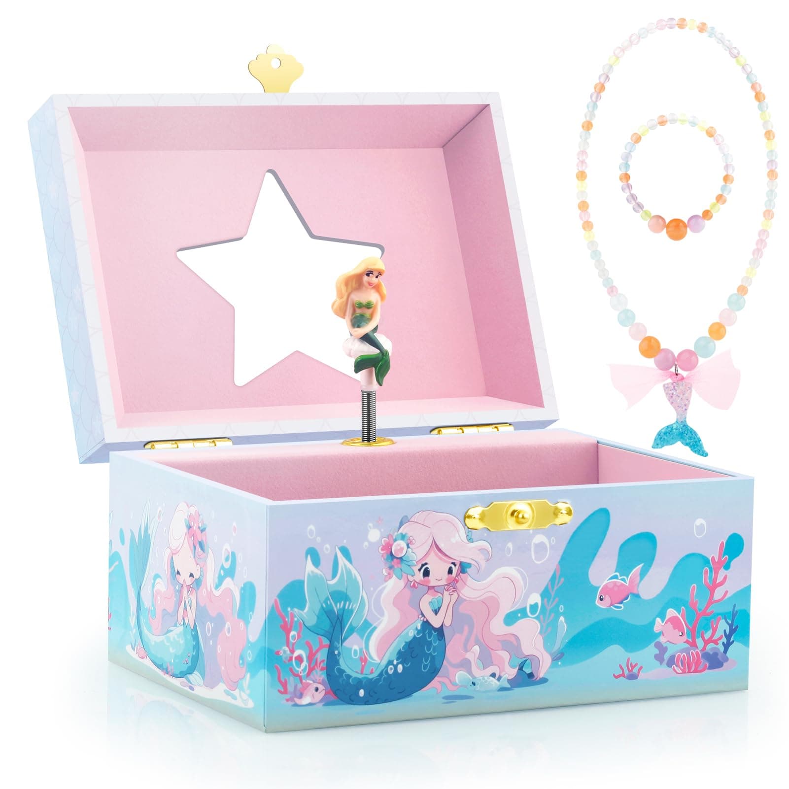 RR ROUND RICH DESIGN Kids Musical Jewelry Box for Girls Include Pretty Jewelry Set with Cute Mermaid Theme - Beautiful Dream Tune Blue