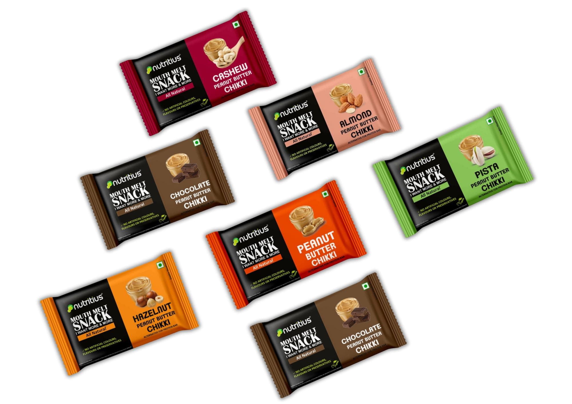 Peanut Butter, Pista, Almond, Hazelnut, Chocolate and Cashew Soft Chikki Combo Pack Set (Pack Of 7).