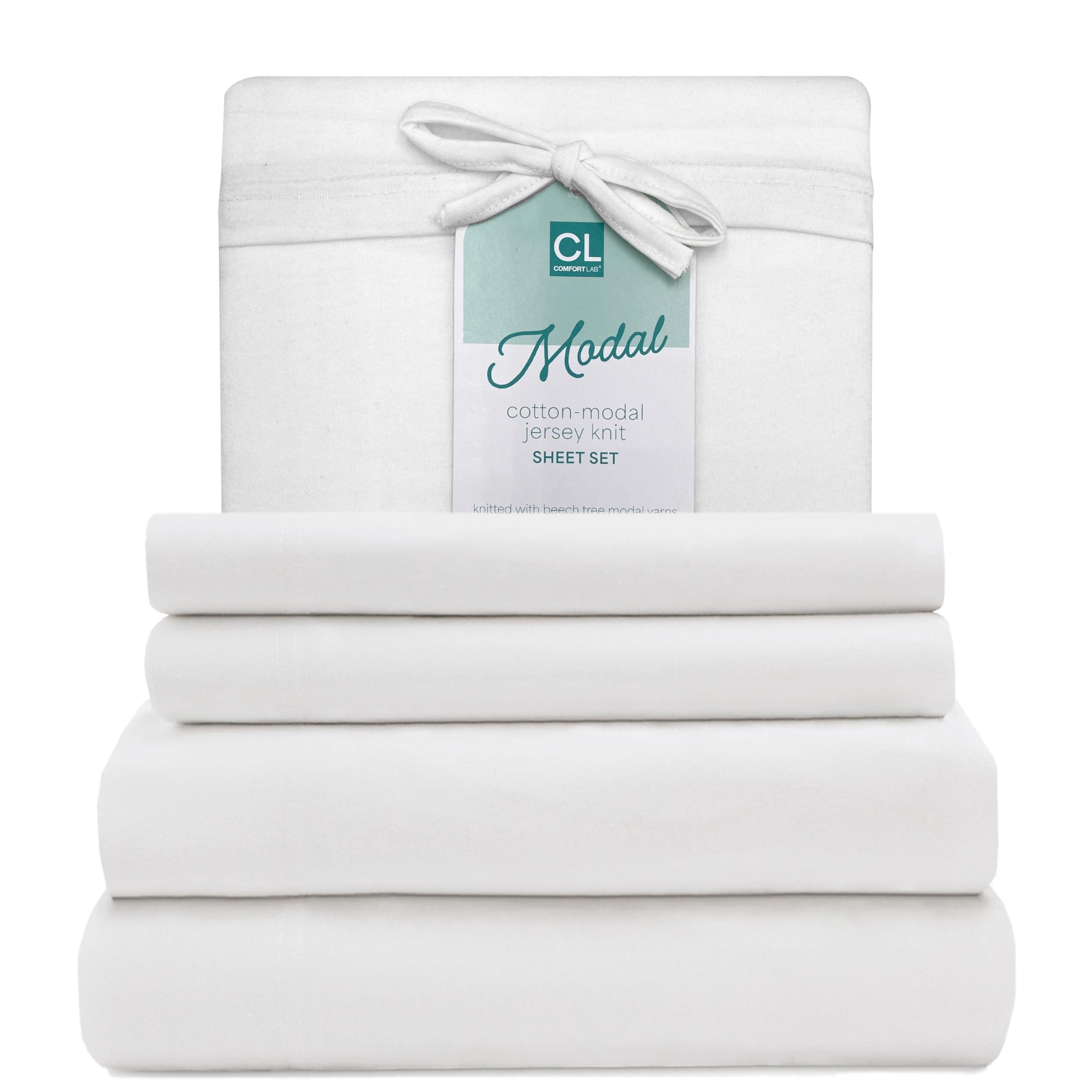 Comfort LabModal Jersey Knit Sheet Set, 3-Piece Bedding, T-Shirt Breathable & Cooling Modal Cotton - Includes Flat & Fitted Sheets, Pillowcase, College Dorm Twin Jersey Modal Sheets, White