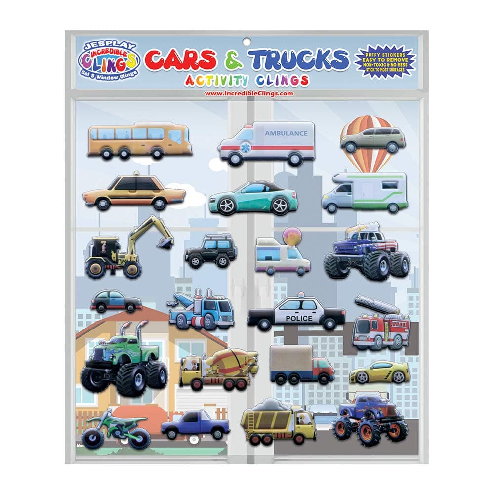 JesPlay Cars & Trucks Foam Window Clings for Kids (by Incredible Gel and Window Clings)- Reusable and Removable Puffy Stickers -Police and Race Cars, Monster, Tow and Fire Trucks, and More