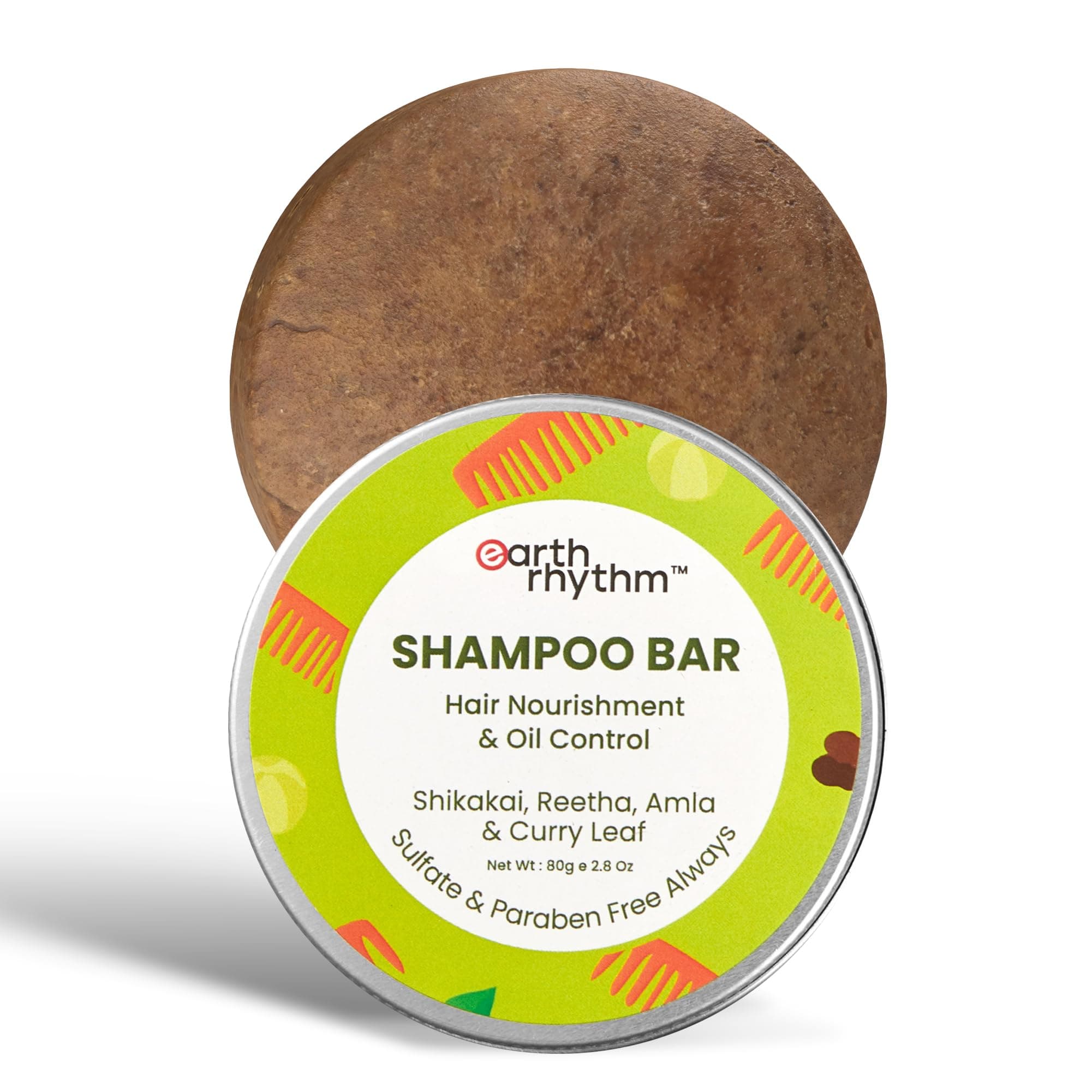 Earth Rhythm Shikakai Shampoo Bar for Hairfall | Contains Shikakai, Curry Leaf, Reeta & Amla Extracts | Men & Women | Sulphate & Paraben Free (Tin Packaging) - 80gm