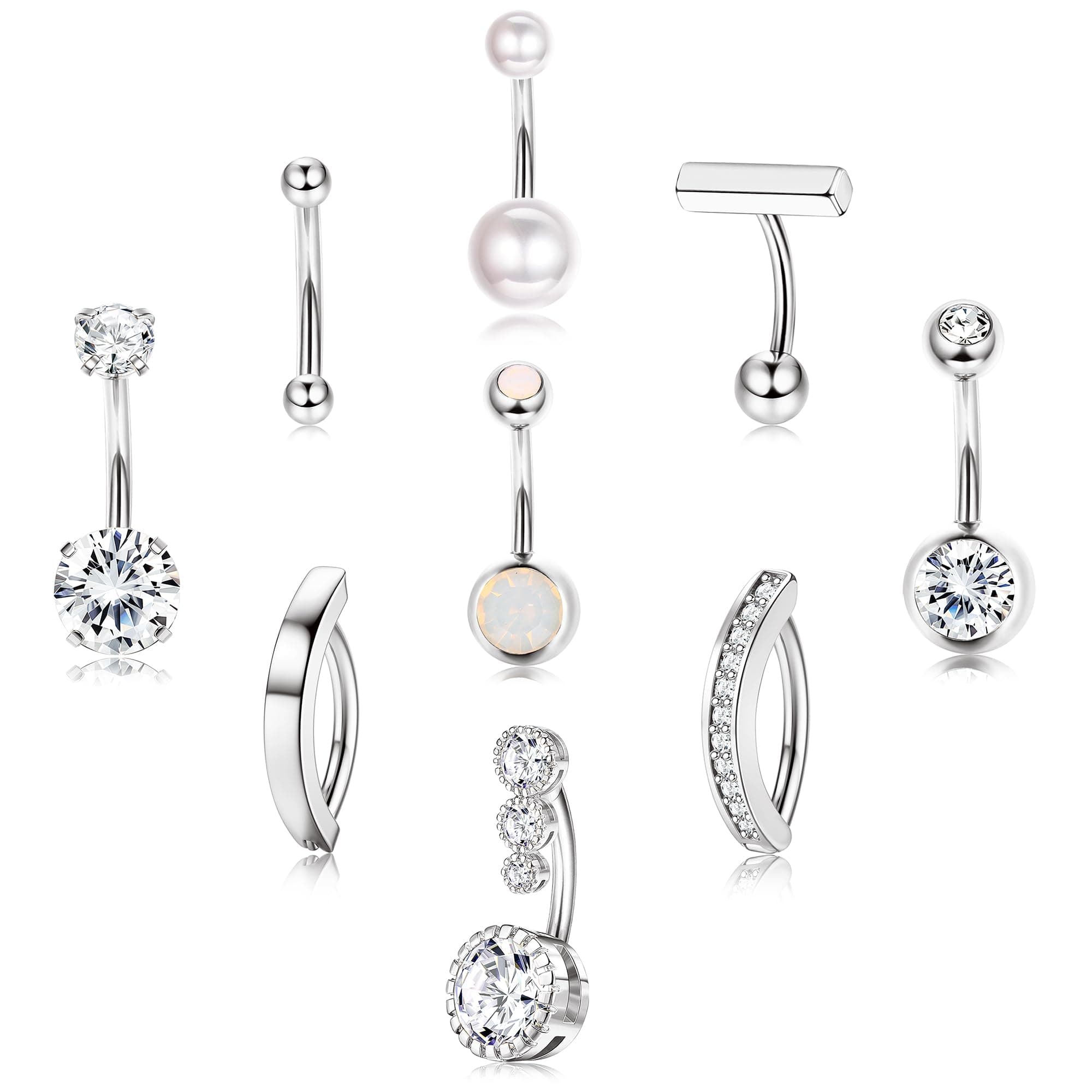 FIASASO 9個 ゴールド ベリーボタンリング サージカルステンレススチール ベリーリング キュービックジルコニア オパール パール ベリーボタンリング クリッカー ベリーピアス レディース へそピアス パック シルバー/ゴールド