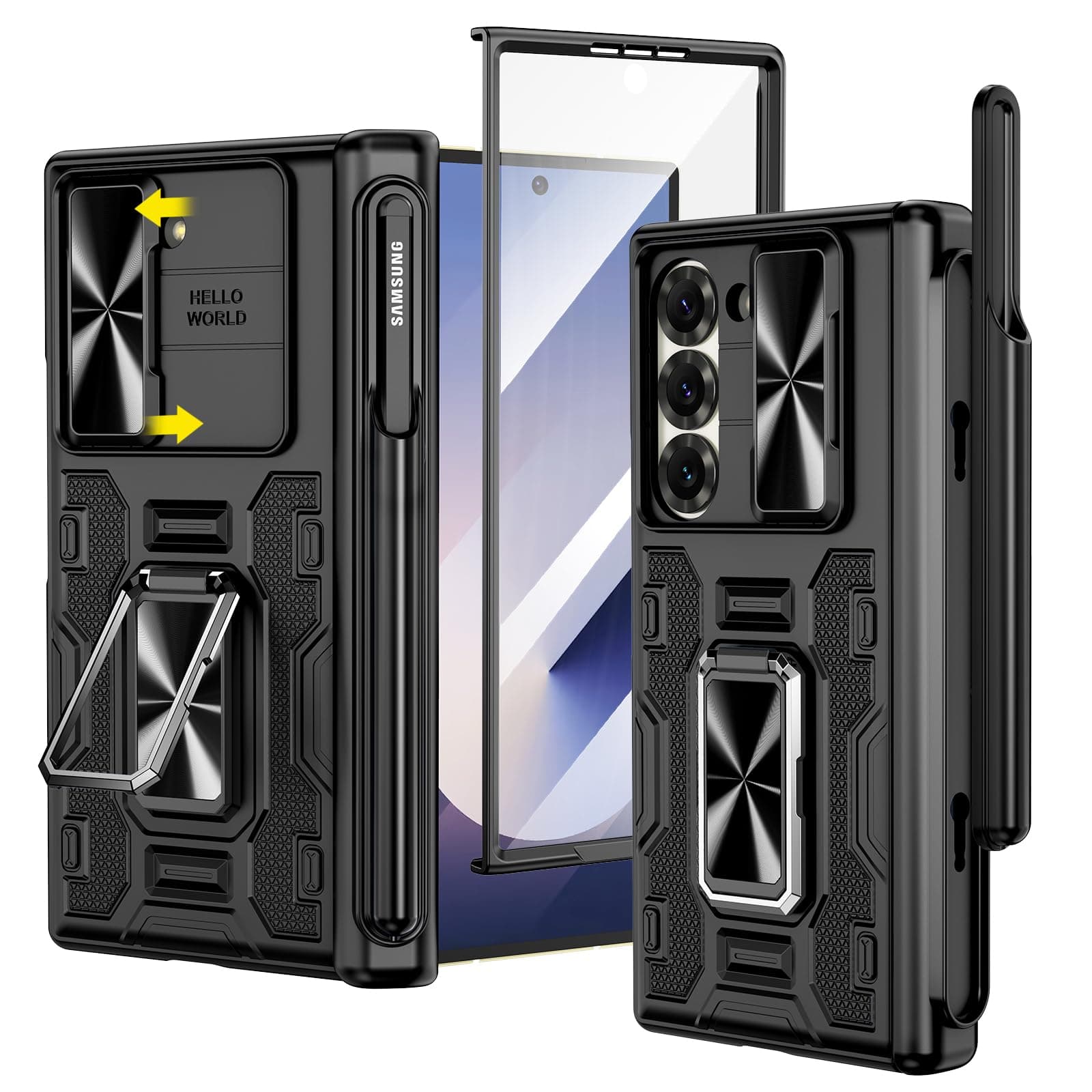 VEGOfor Galaxy Z Fold 6 Case, [Removable S Pen Holder][Hinge Protection][360°Ring Magnetic Kickstand][Slide Camera Cover][Front Screen Protector] Protective Case for Samsung Galaxy Z Fold 6 - Black