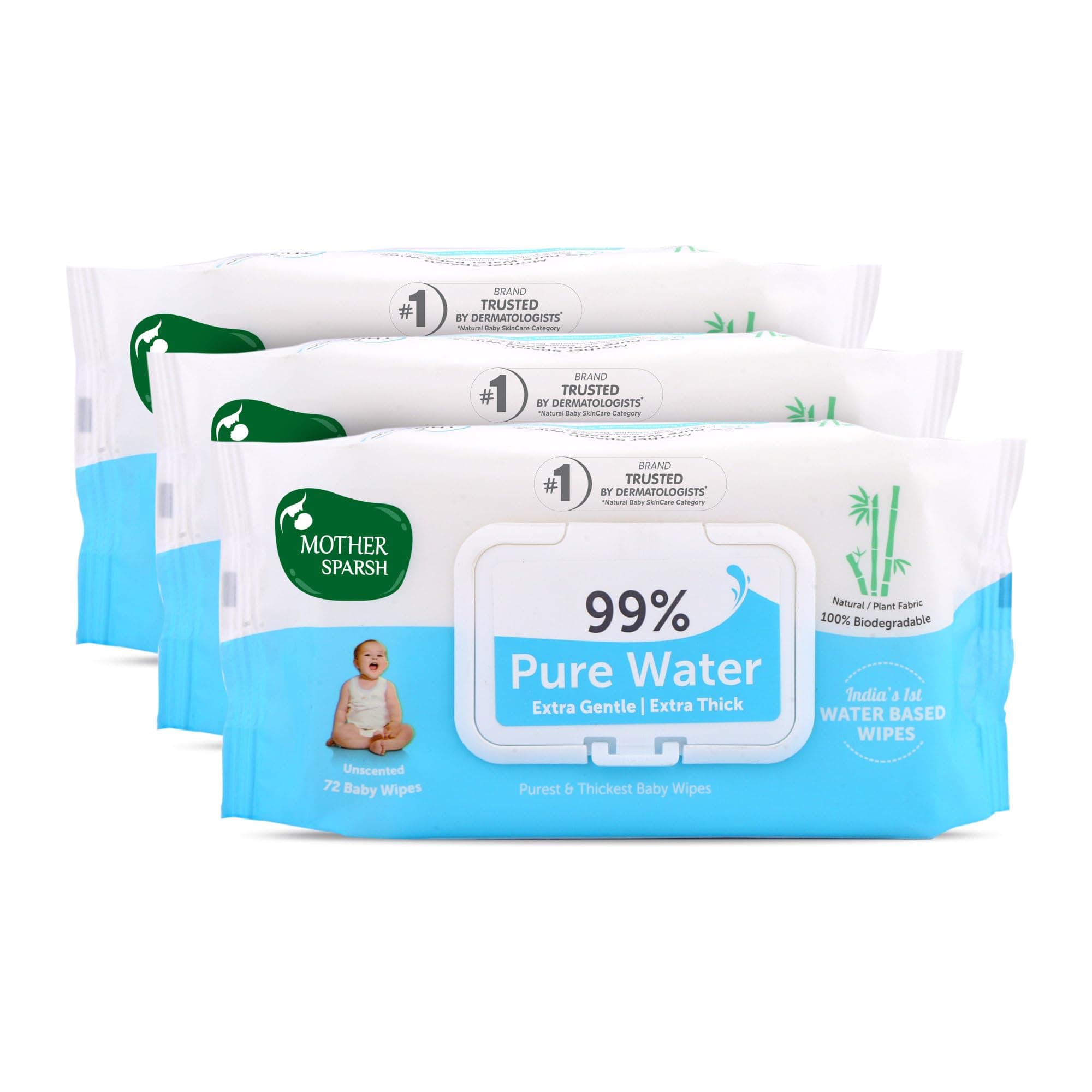 99% Pure Water (Unscented) Baby Wipes I Natural Plant Made Cloth - Super Thick I 72 pcs/Pack - Pack of 3